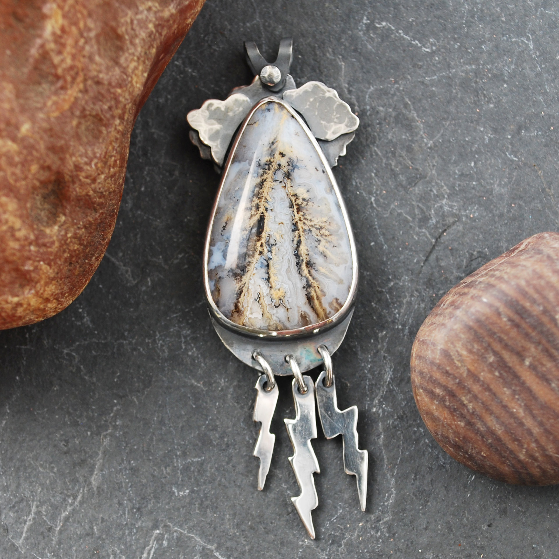 Graveyard Point Plume Agate Pendant with Lightning Bolts