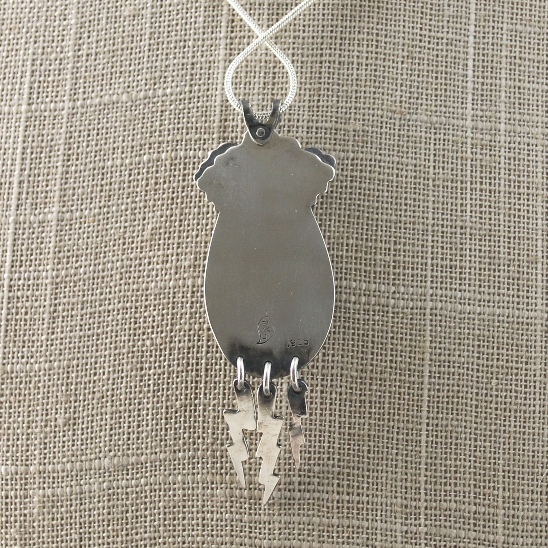 Graveyard Point Plume Agate Pendant with Lightning Bolts, back