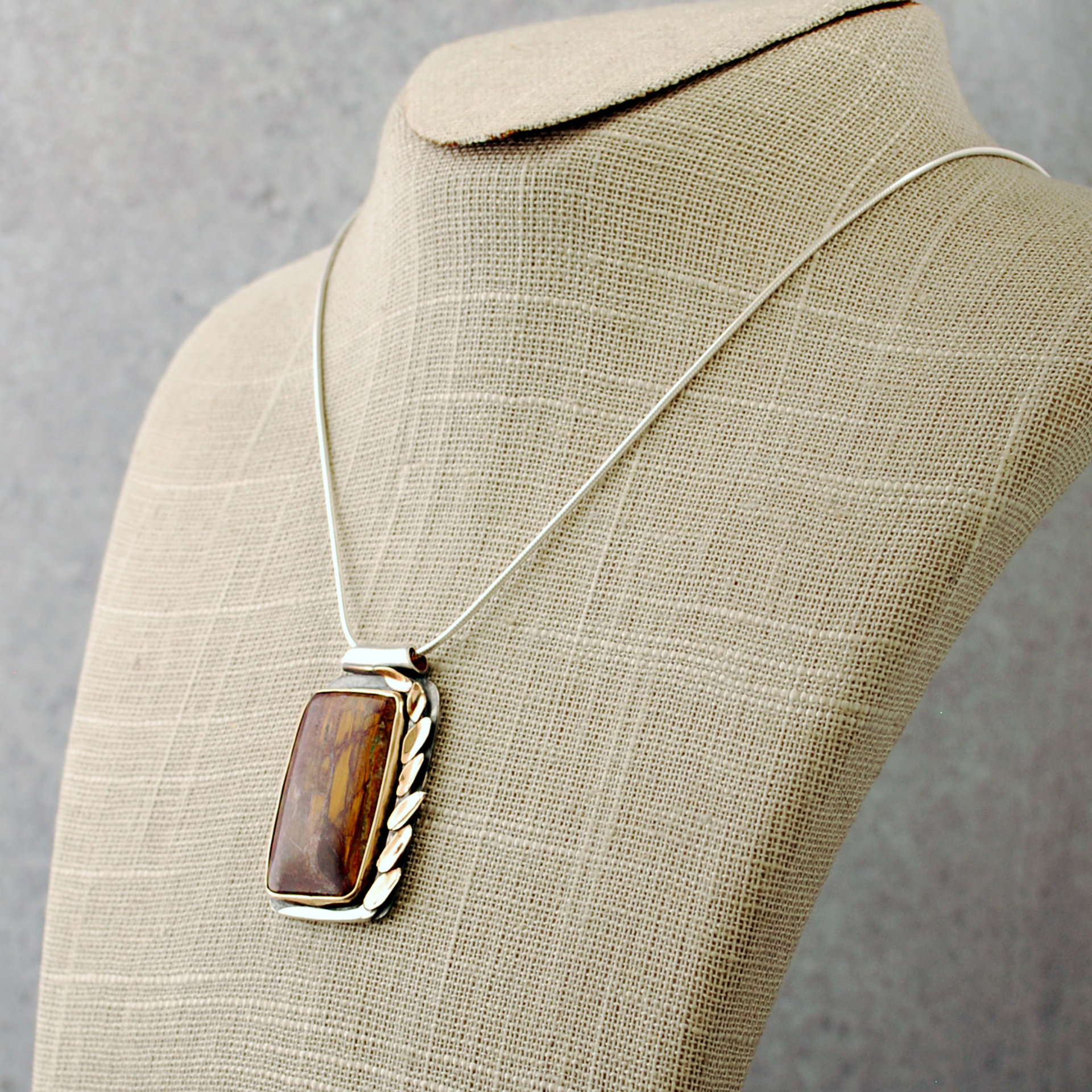 Silver and 14K Gold Pietersite Pendant close-up front