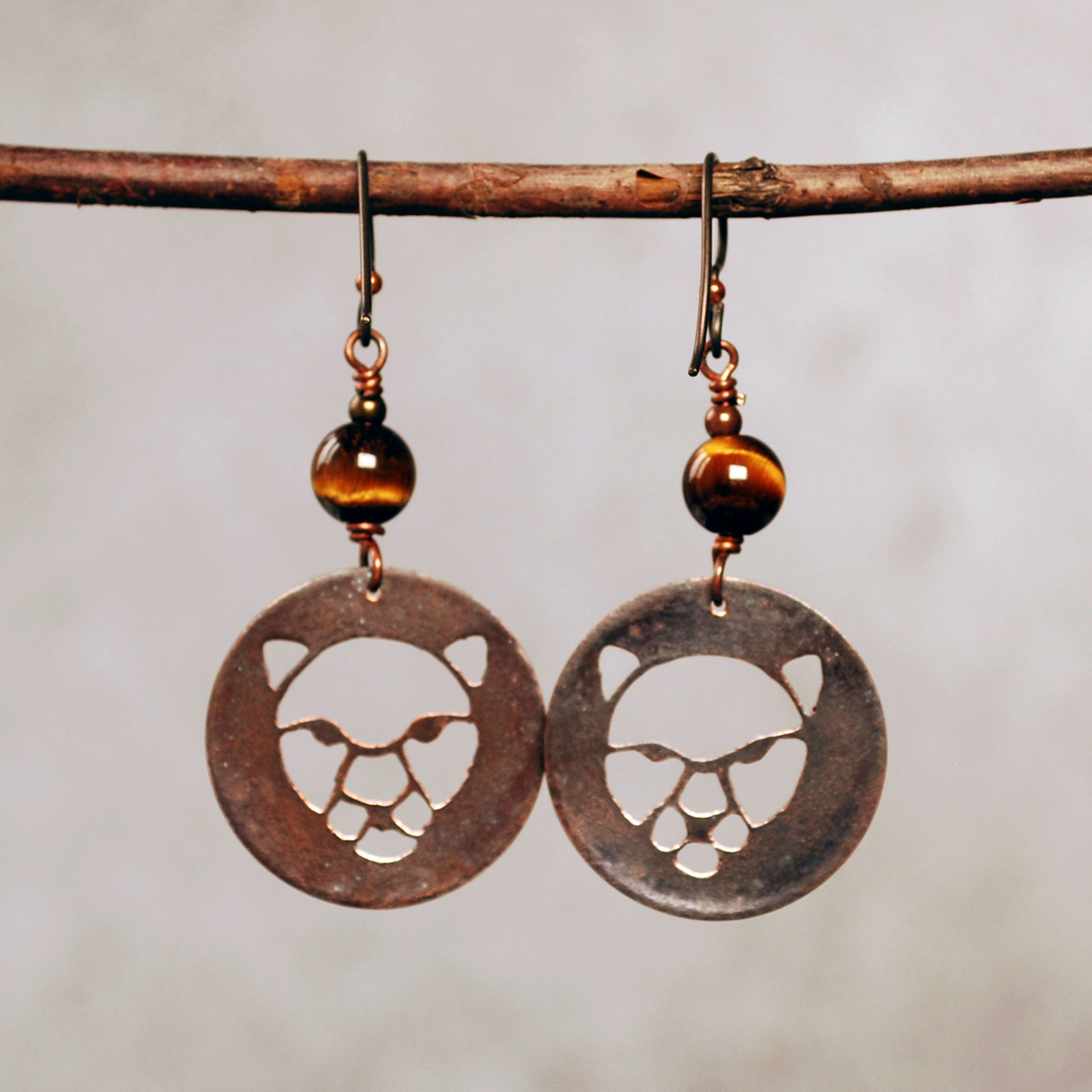 Copper Cougar, Wild Cat Earrings with Tigers Eye, back