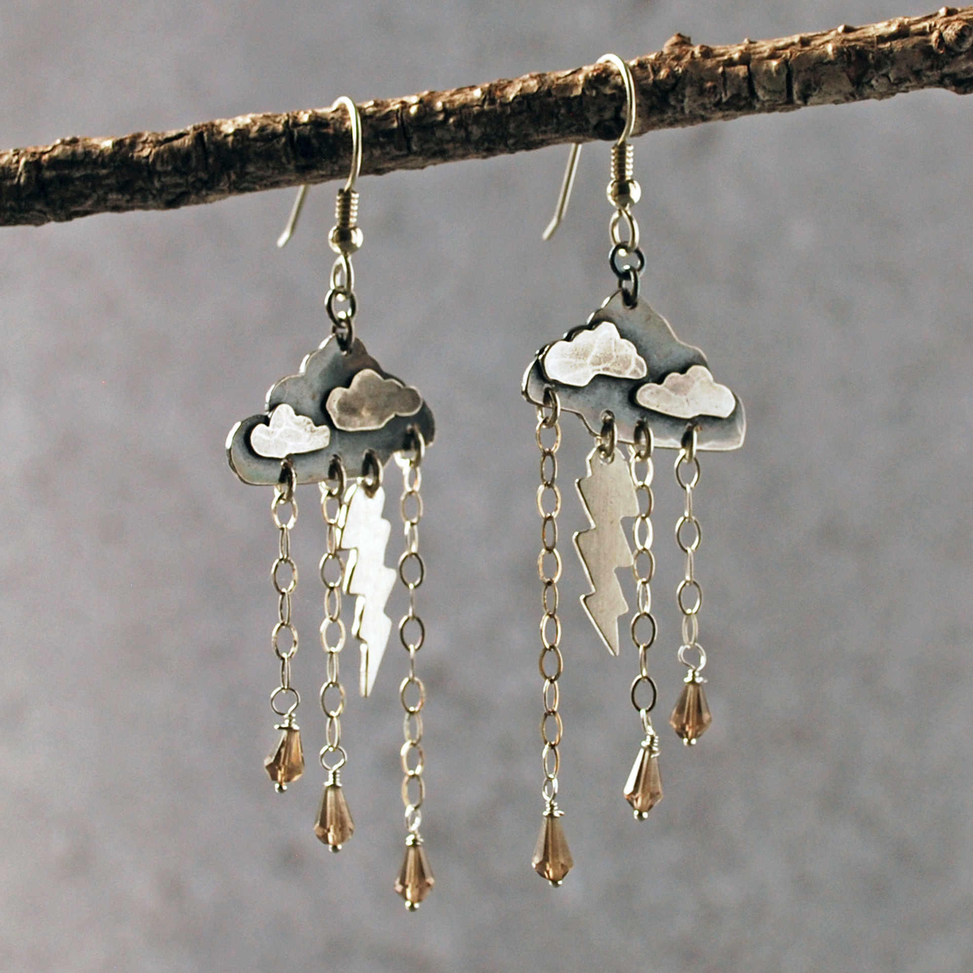 Silver Cloud Earrings with Rain, Lightning hanging