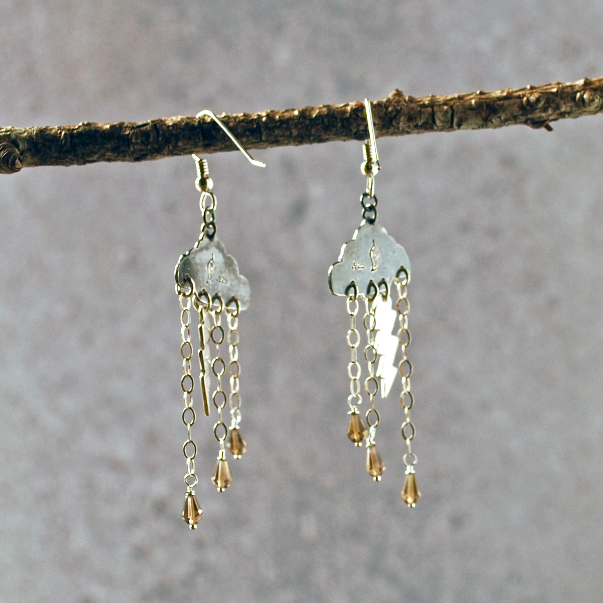 Silver Cloud Earrings with Rain, Lightning hanging, back view