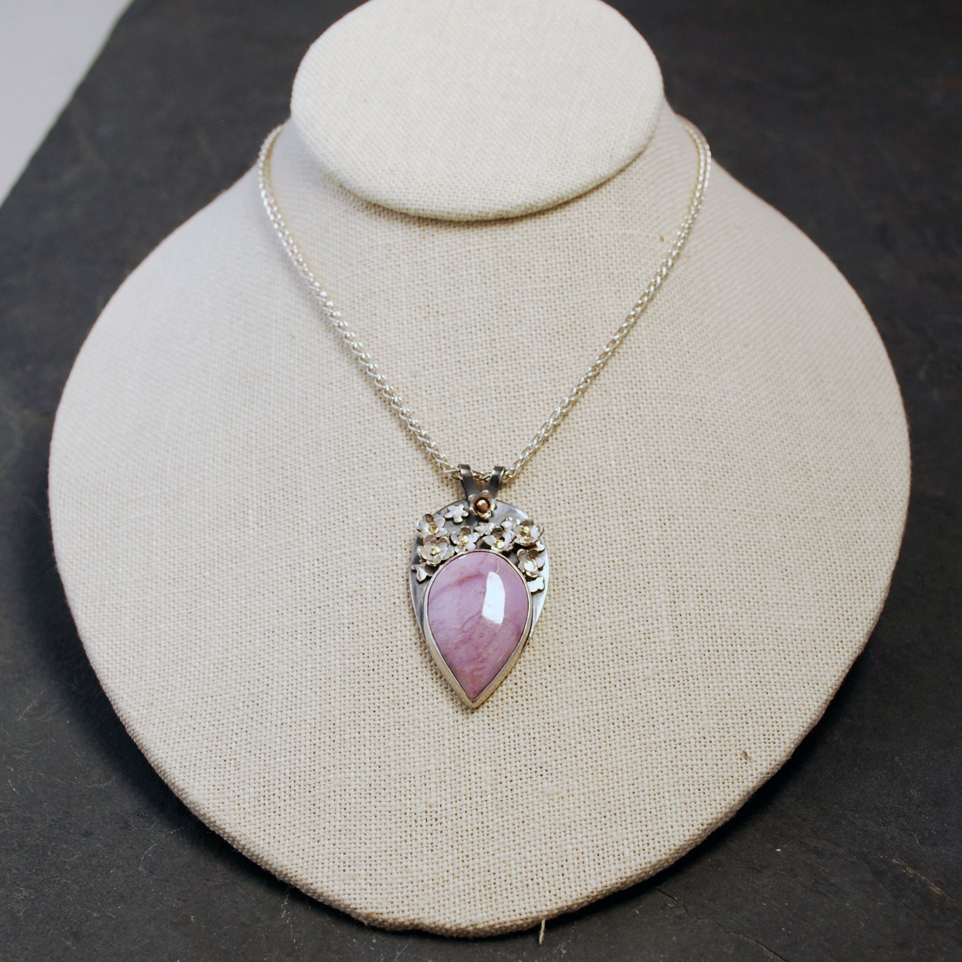 Pink Phosphosiderite Pendant, Silver with riveted Flowers hanging