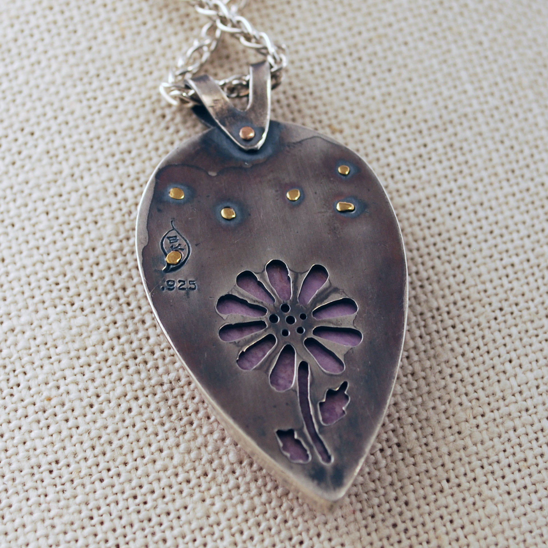 Pink Phosphosiderite Pendant, Silver with riveted Flowers, back