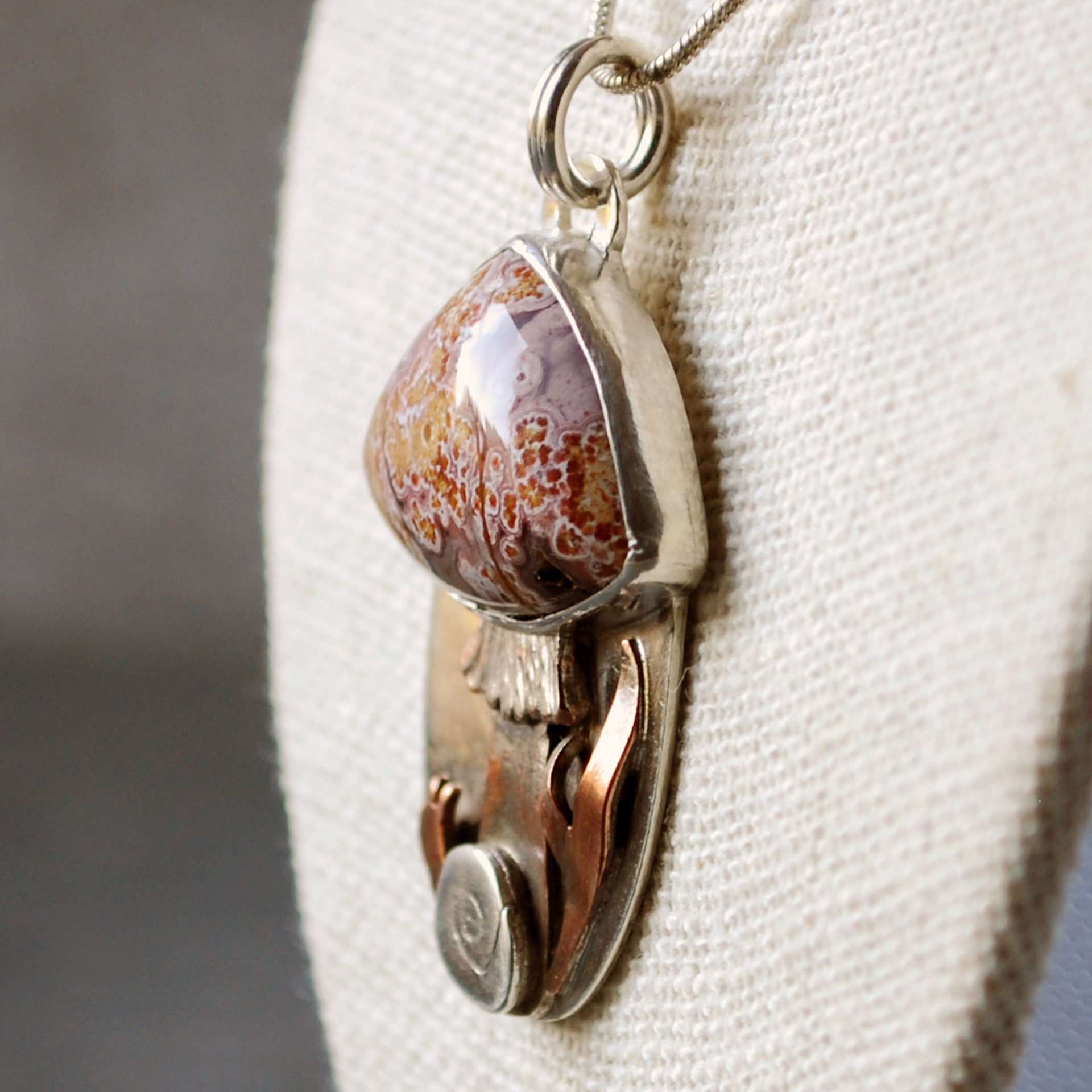 Silver, Copper Mushroom Pendant, with Ocean Jasper, Snail close-up angle