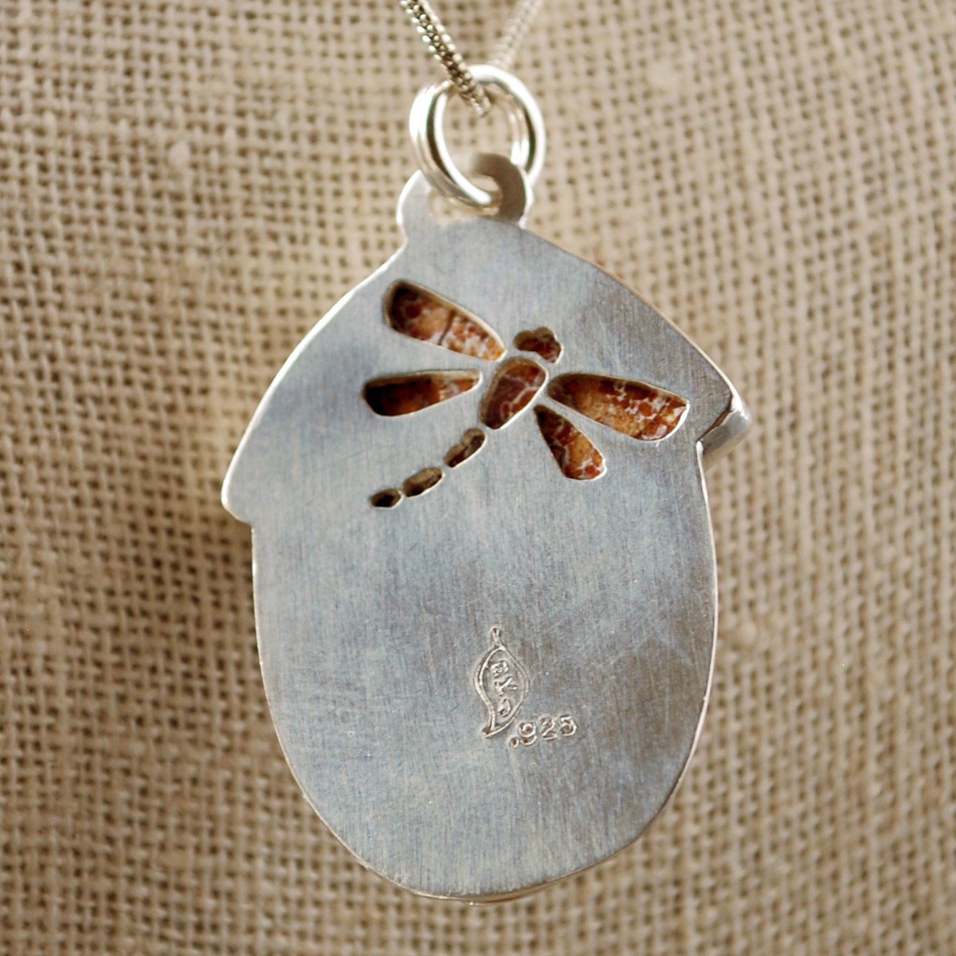 Silver, Copper Mushroom Pendant, with Ocean Jasper, Snail close-up back