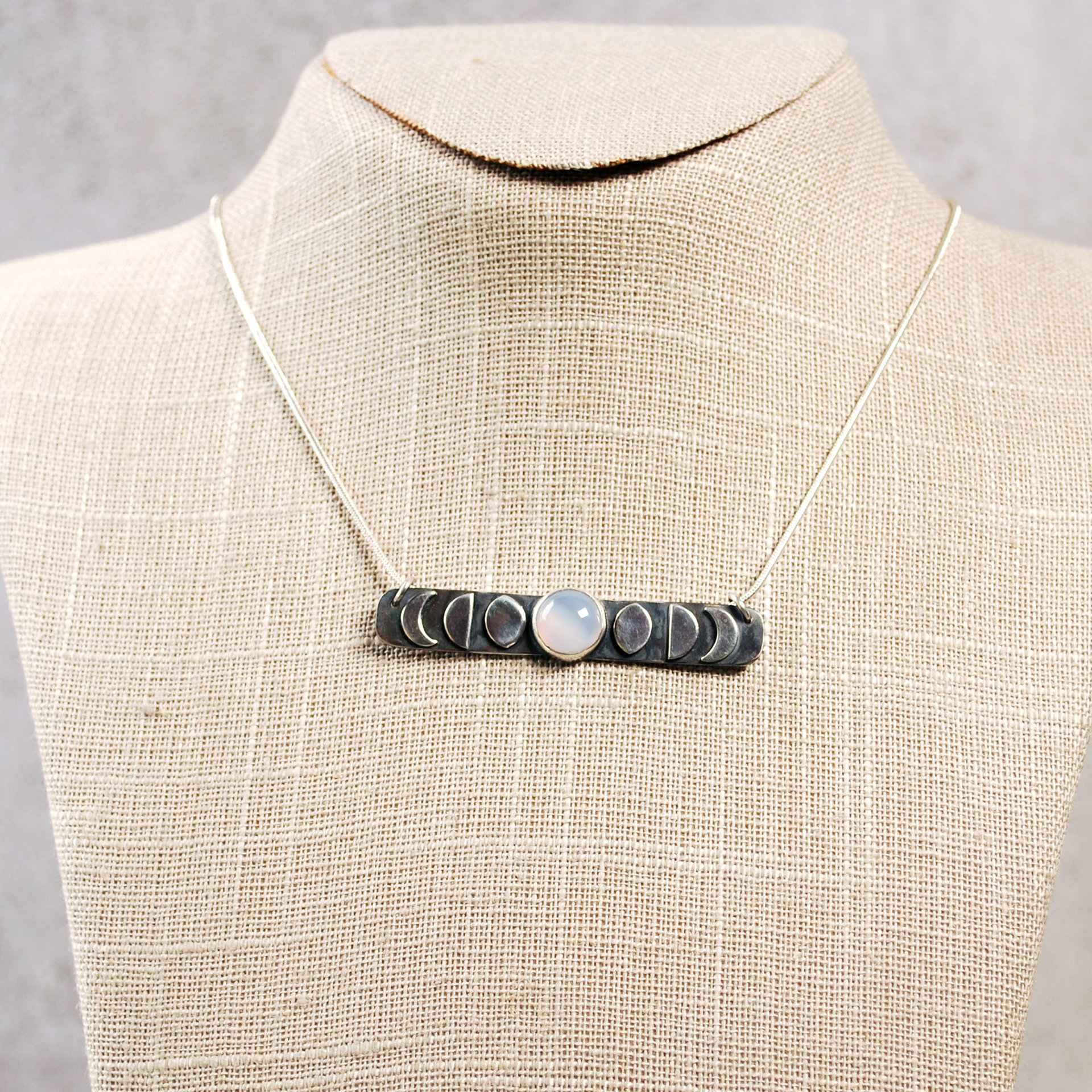 Sterling silver Chalcedony Moon Phase Bar Necklace hanging