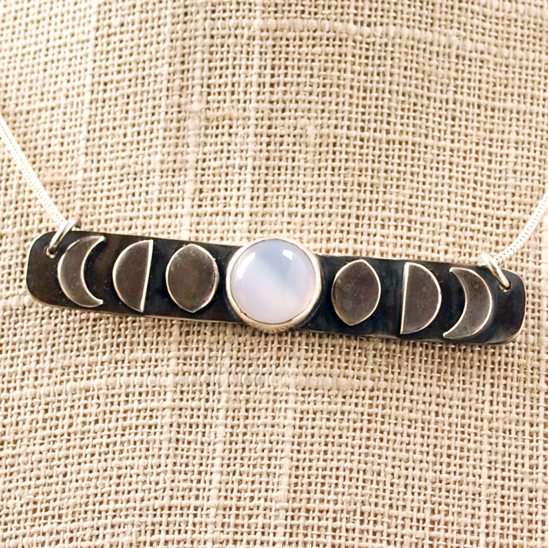 Sterling silver Chalcedony Moon Phase Bar Necklace closeup