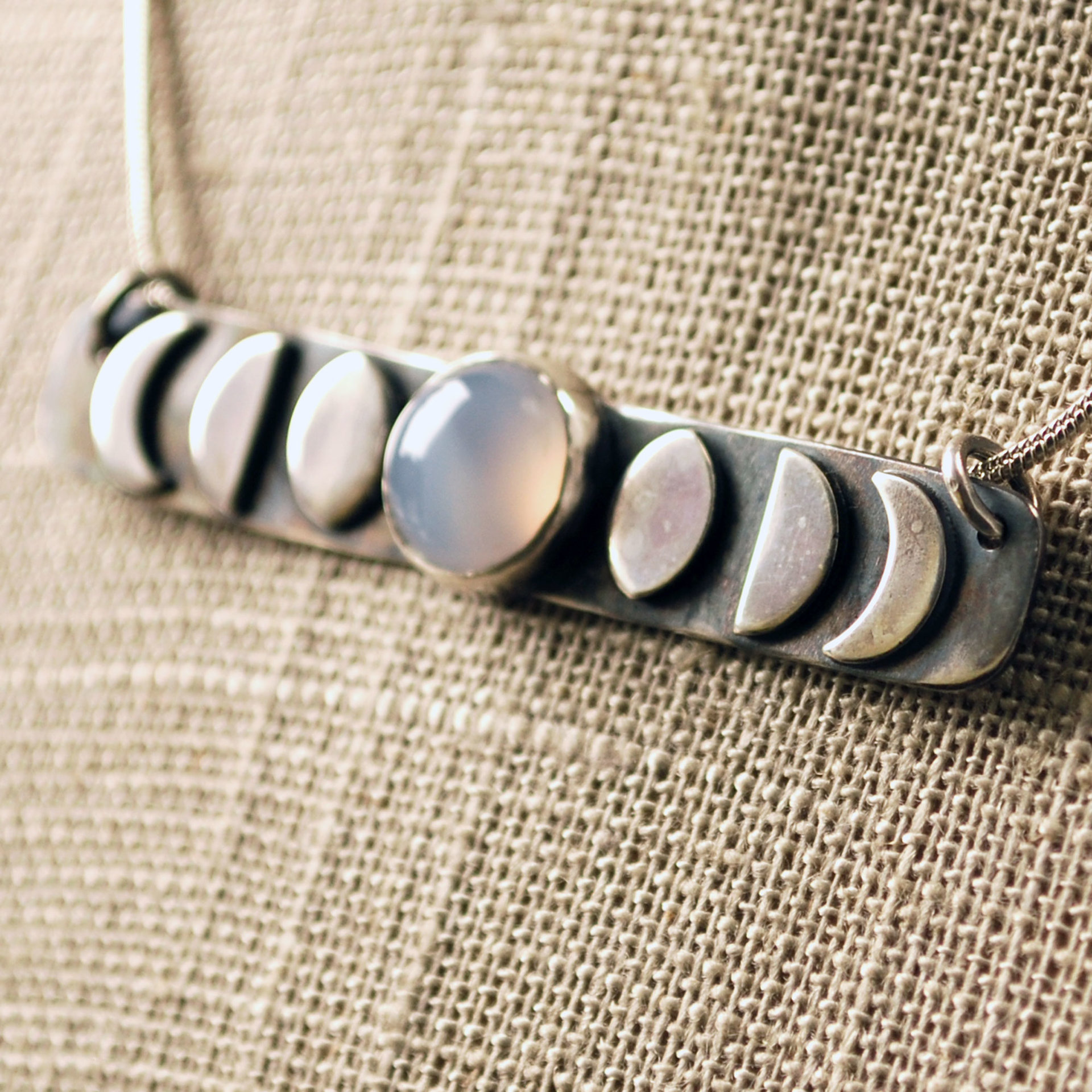 Sterling silver Chalcedony Moon Phase Bar Necklace closeup angle