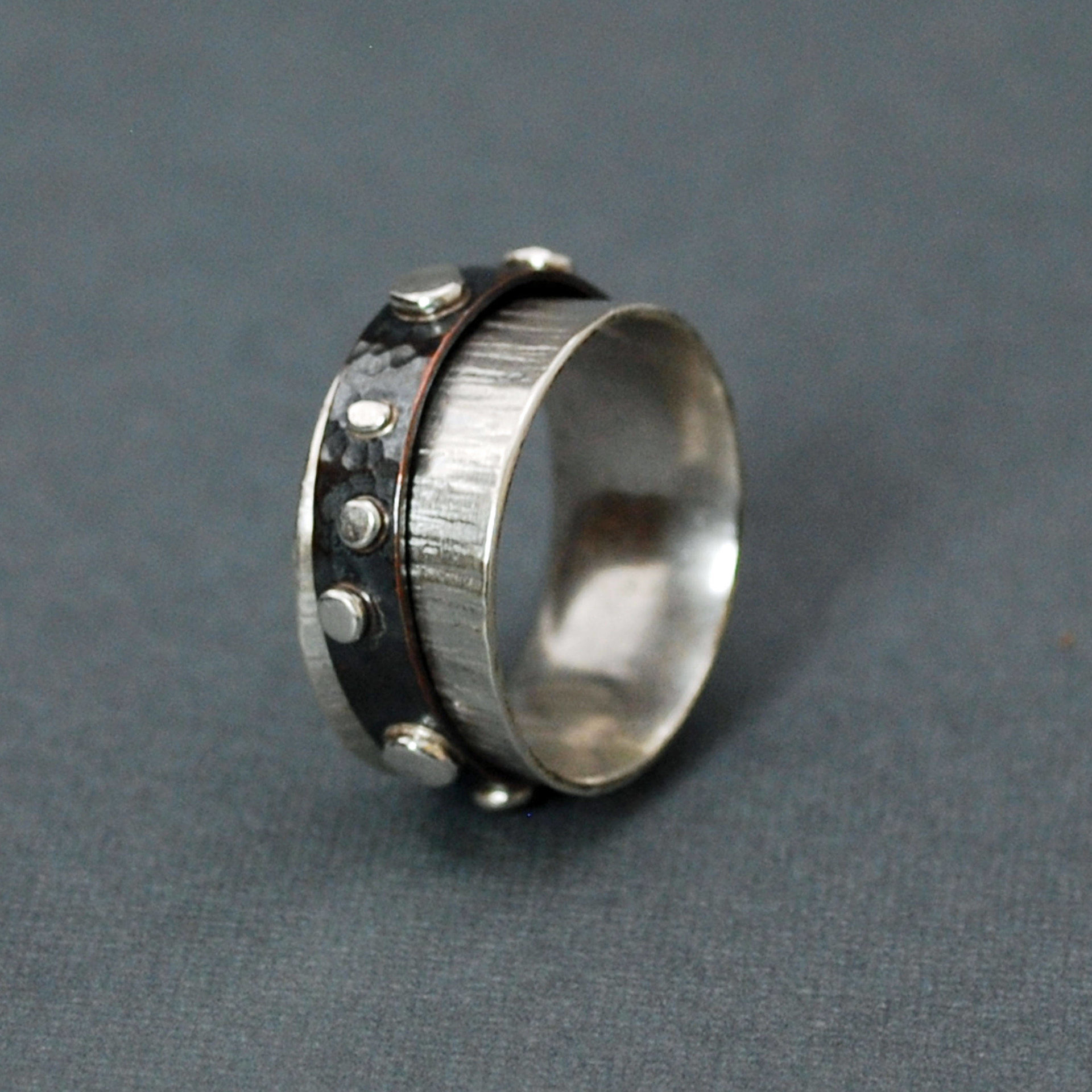Silver and Copper Spinner Kinetic Ring with Silver Dots
