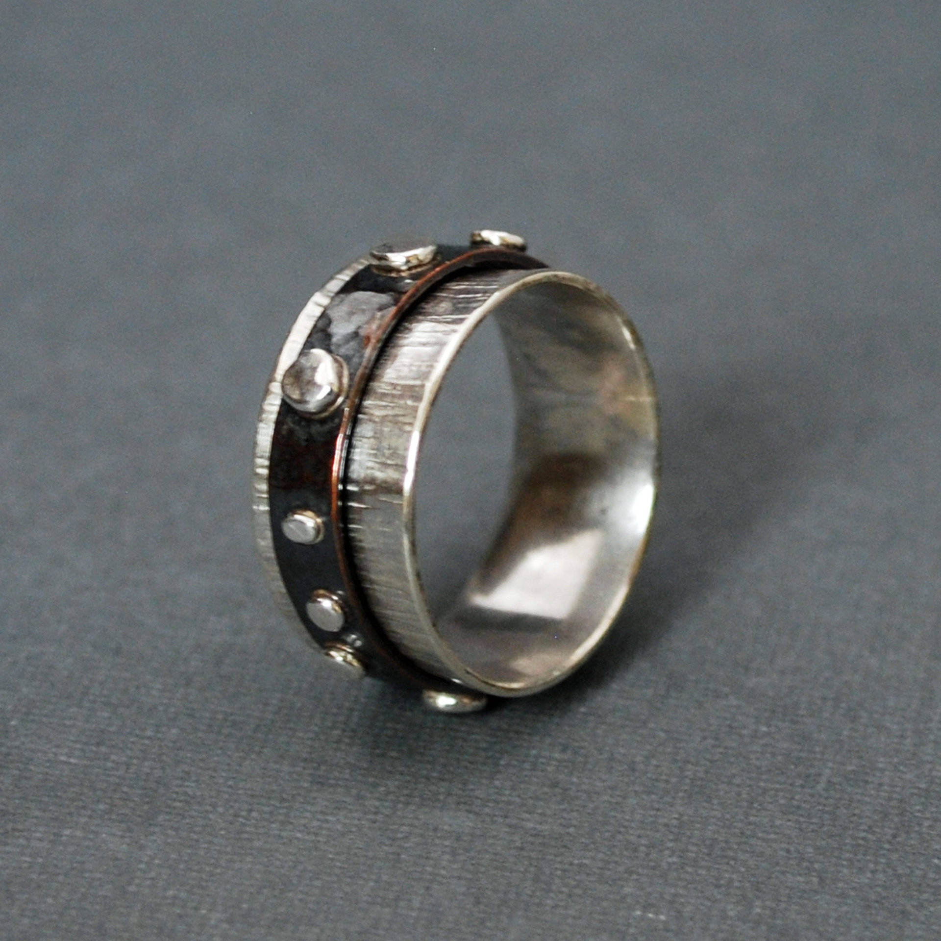 Silver and Copper Spinner Kinetic Ring with Silver Dots