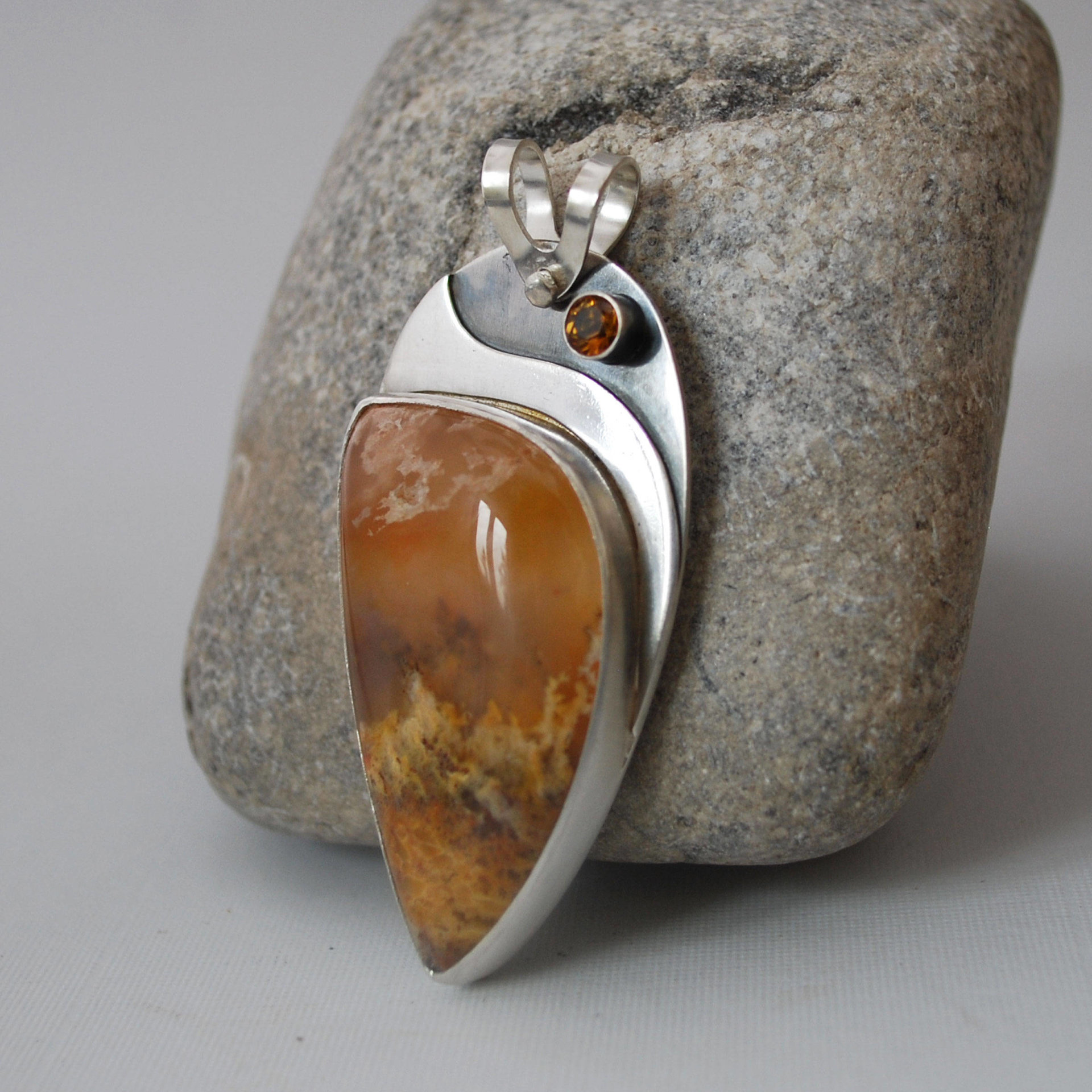 Graveyard Point Plume Agate, Silver and Citrine Pendant