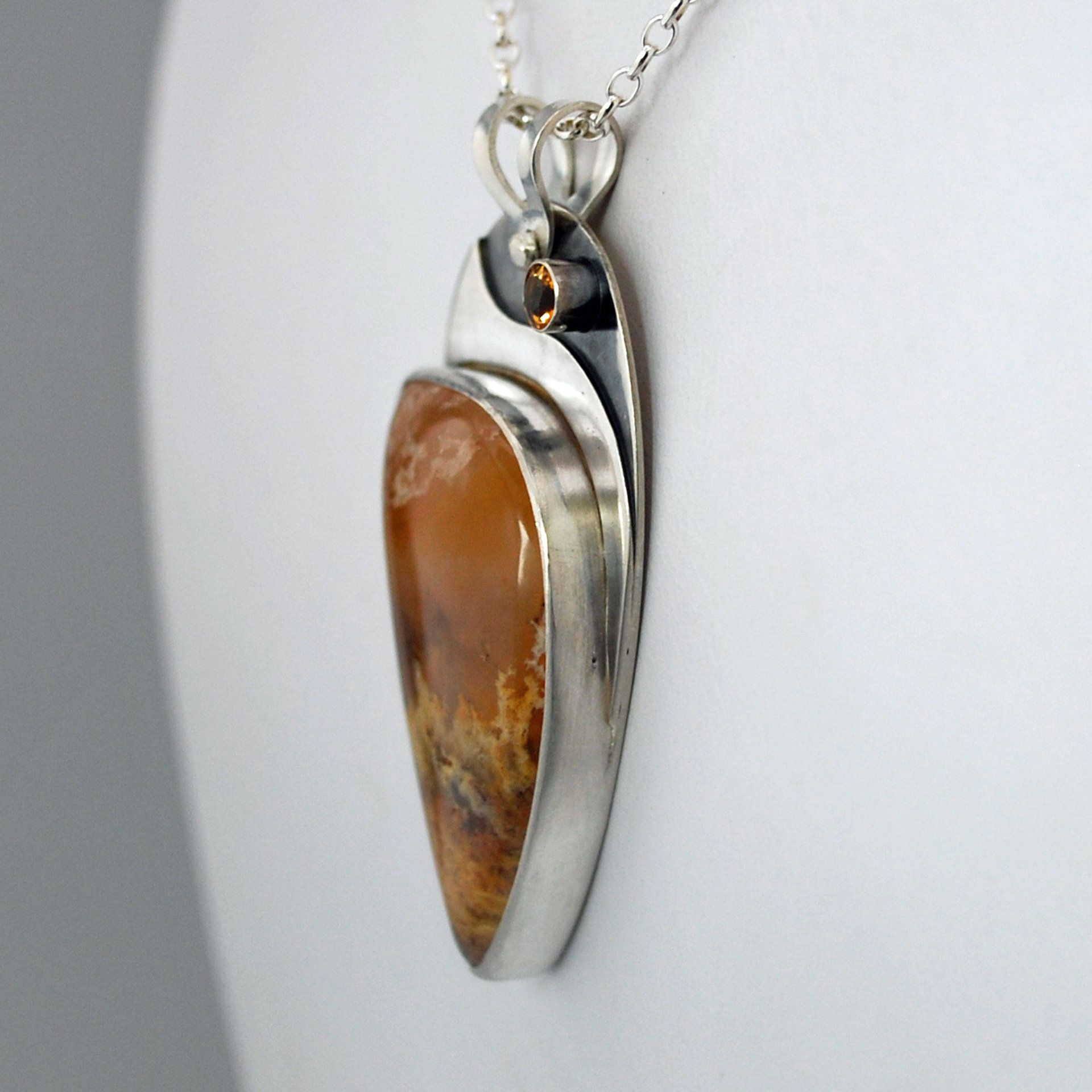 Graveyard Point Plume Agate, Silver and Citrine Pendant