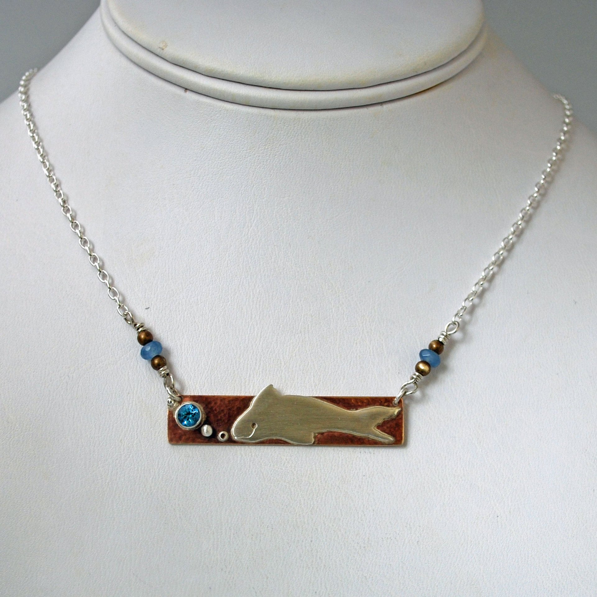 Hammered Bronze Bar Necklace with Happy Silver Fish and Blue Topaz