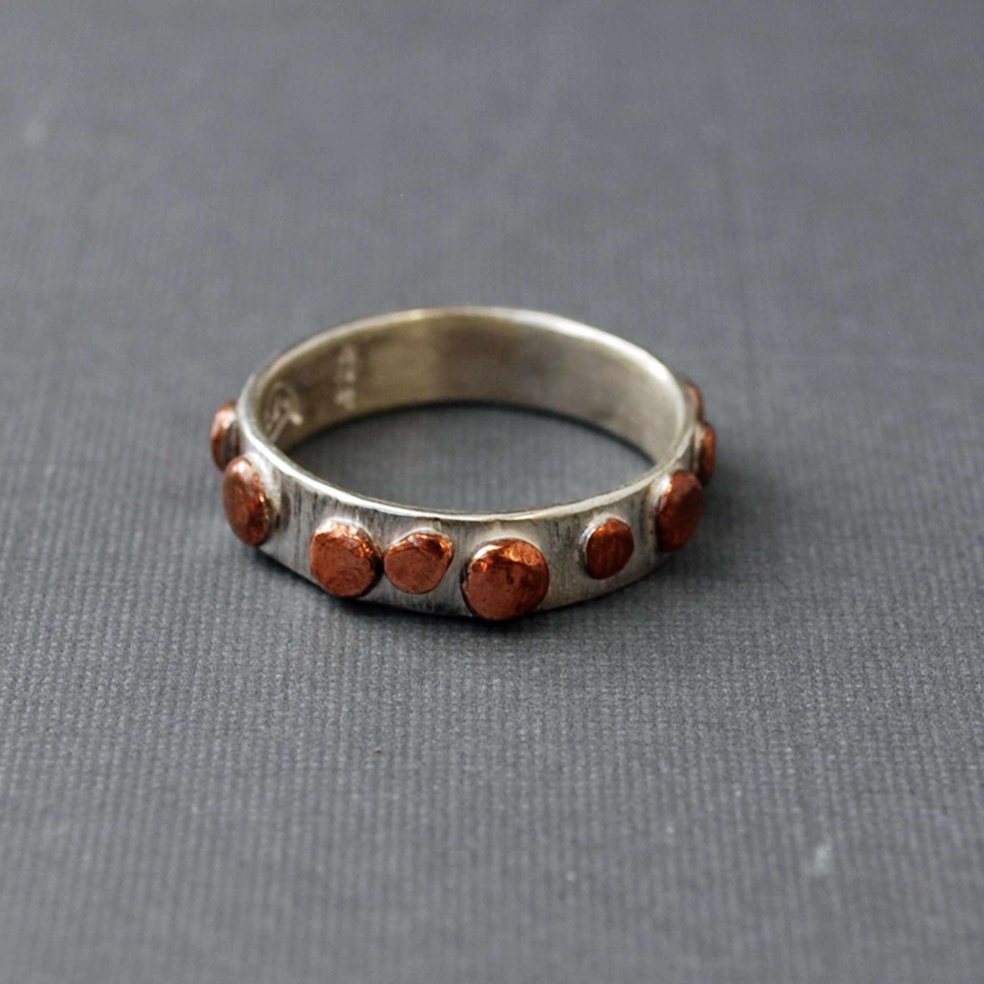 Hammered Silver Ring Band with Copper Dots