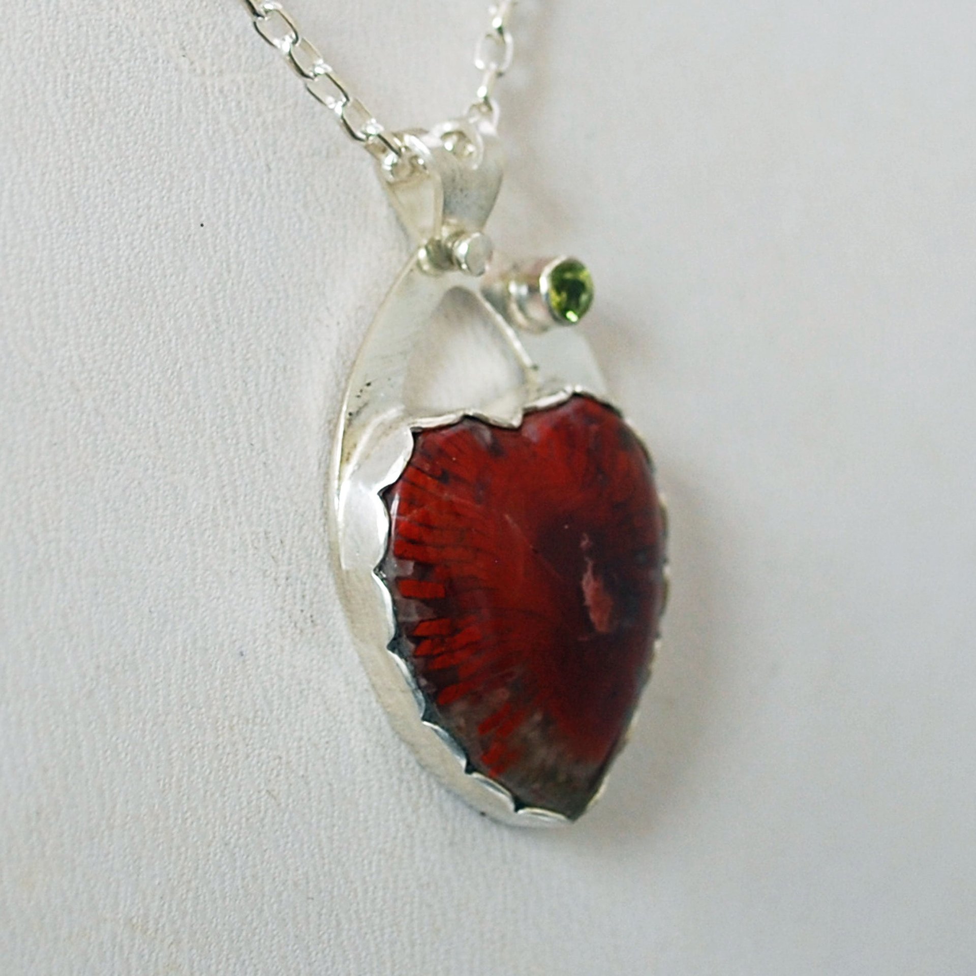Red Horn Coral and Peridot Heart Pendant with Hummingbird
