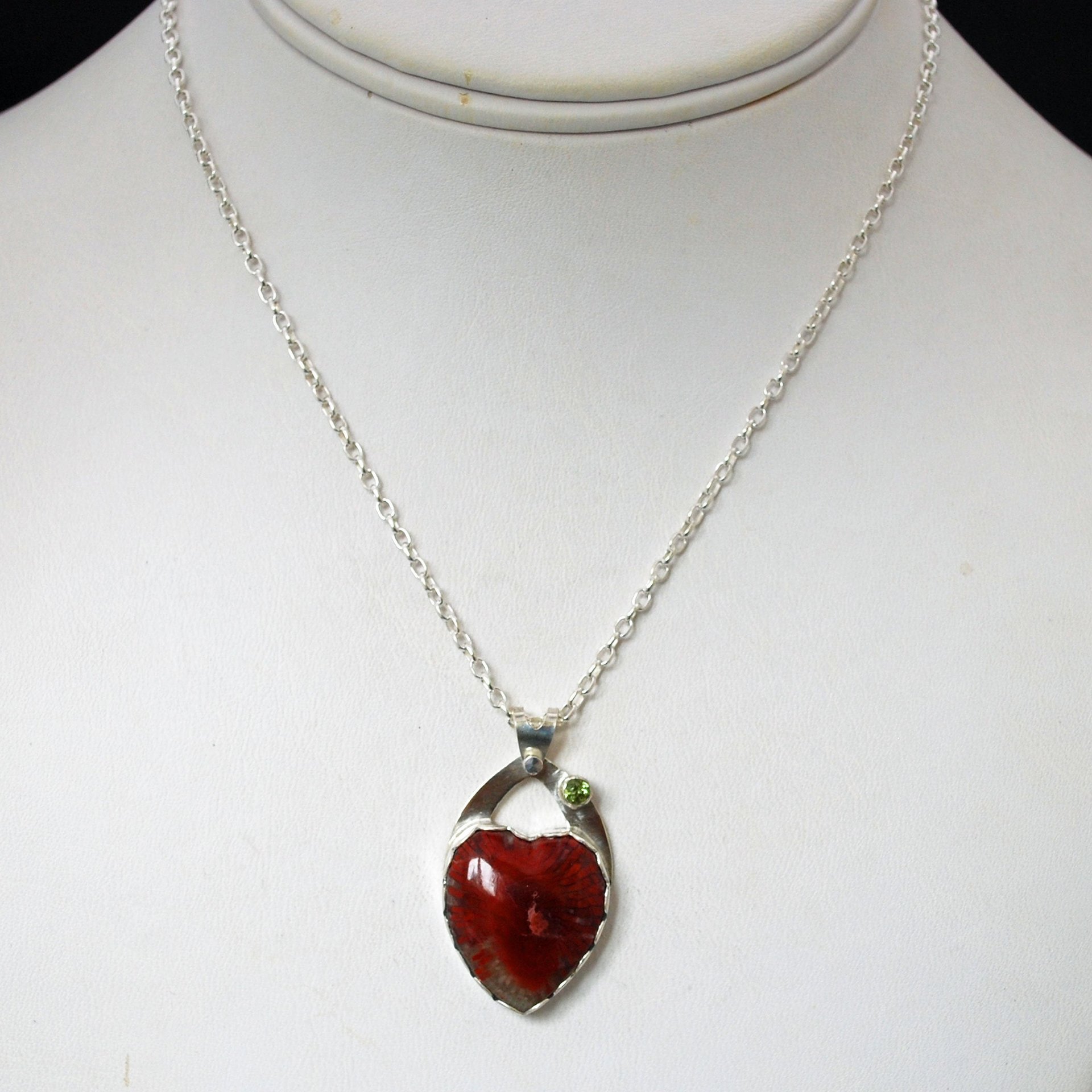 Red Horn Coral and Peridot Heart Pendant with Hummingbird
