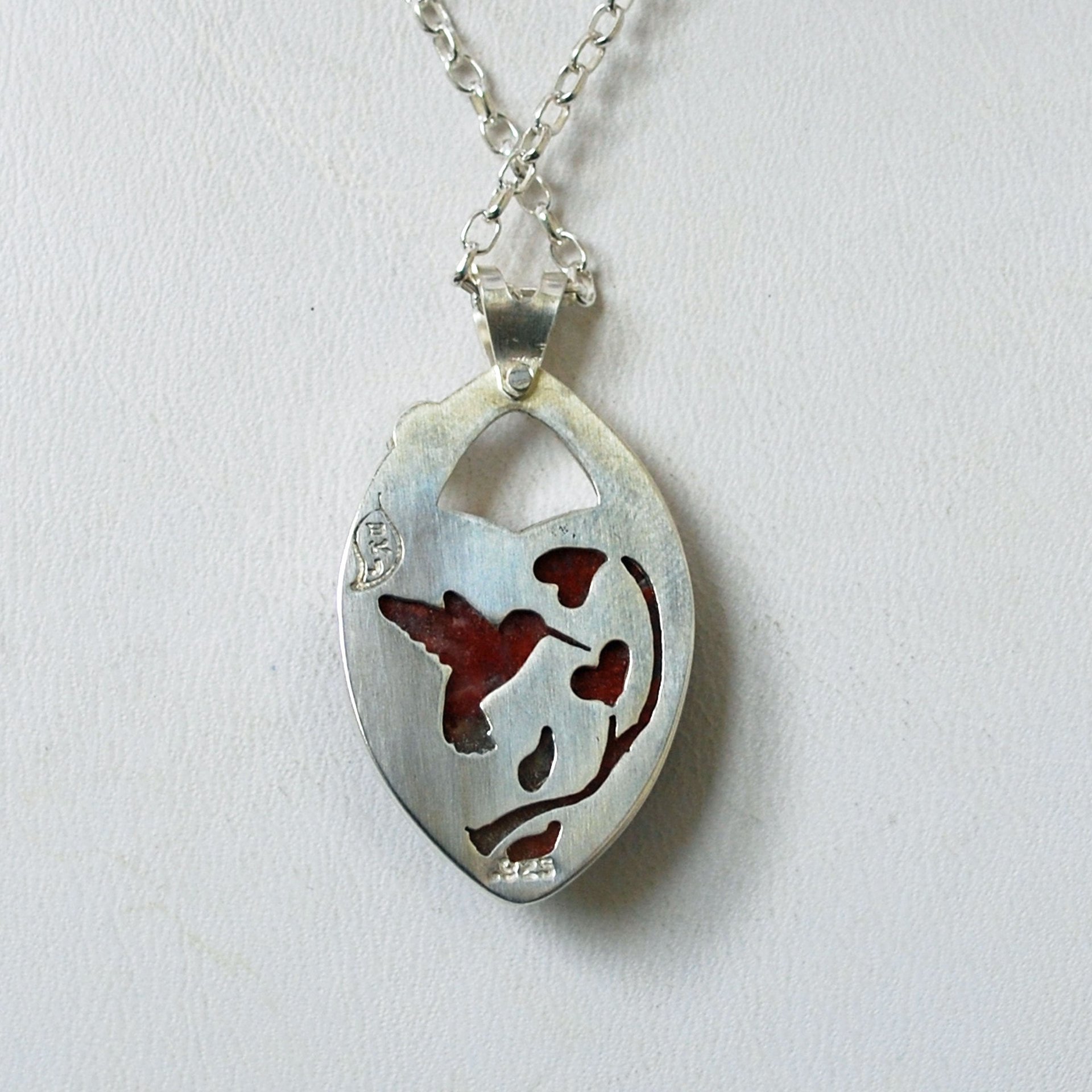 Red Horn Coral and Peridot Heart Pendant with Hummingbird