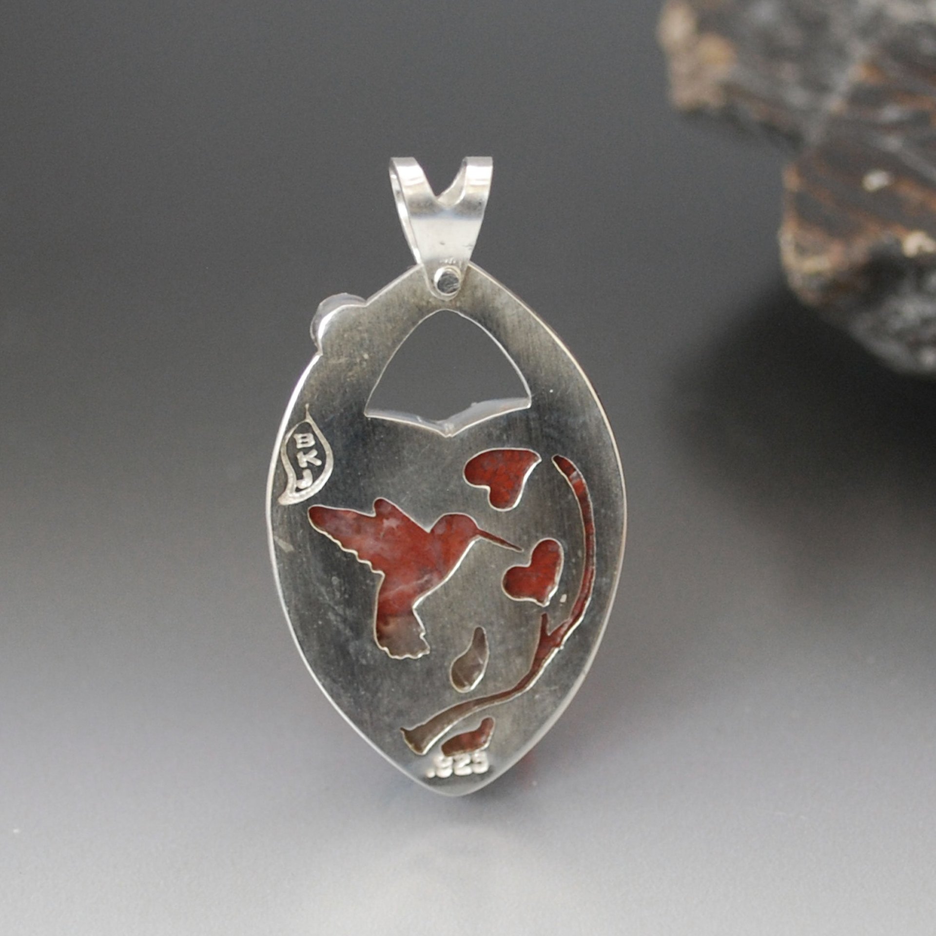 Red Horn Coral and Peridot Heart Pendant with Hummingbird