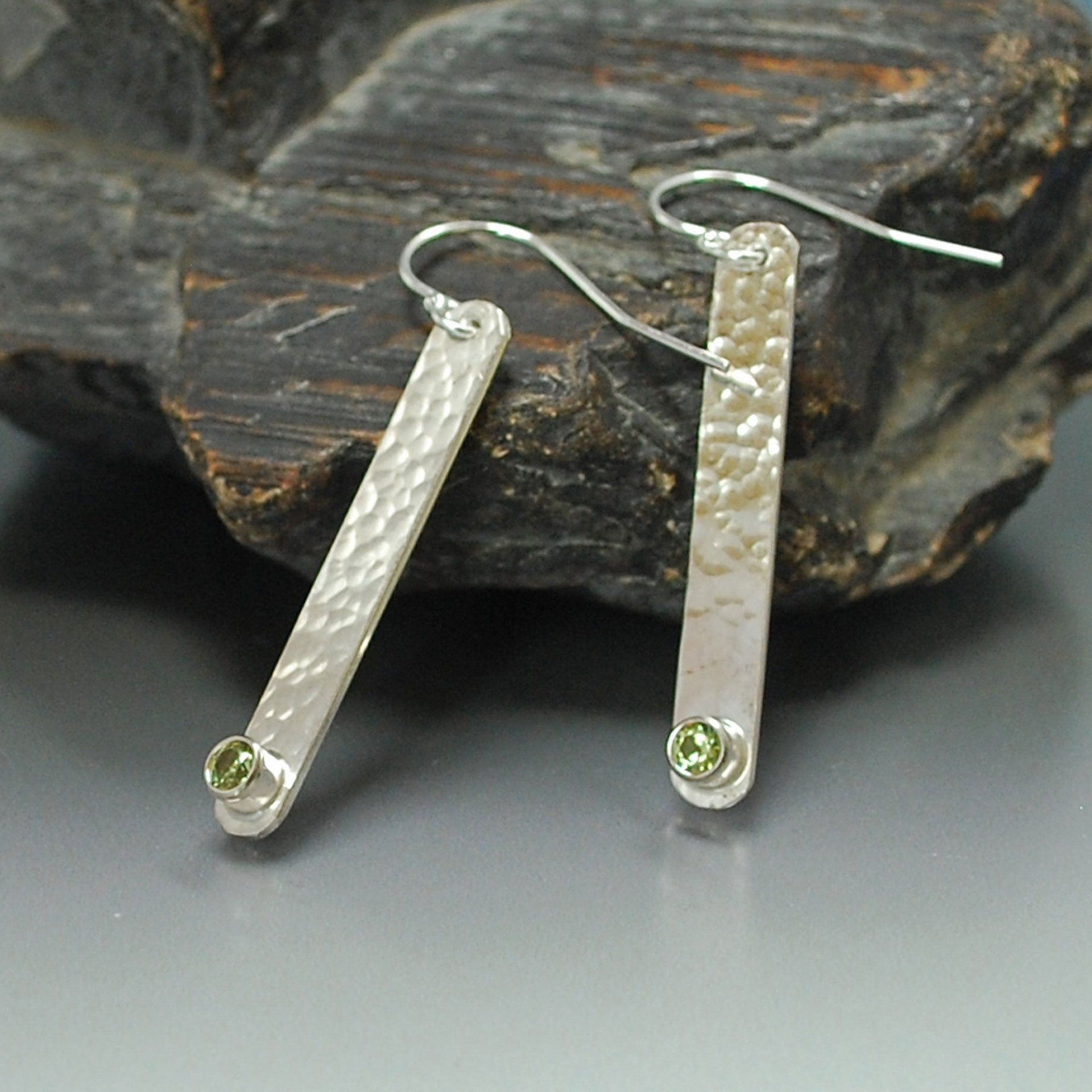 Hammered Silver Stick Earrings with Peridot,August Birthstone Earrings