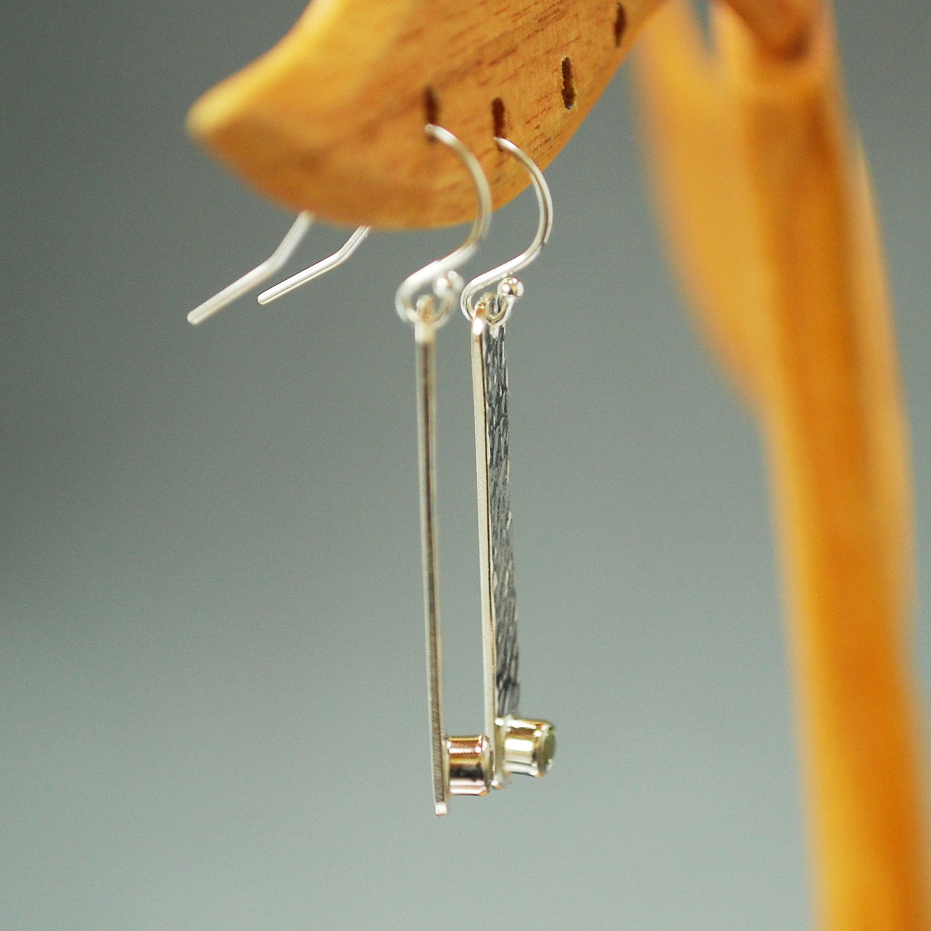 Hammered Silver Stick Earrings with Peridot,August Birthstone Earrings
