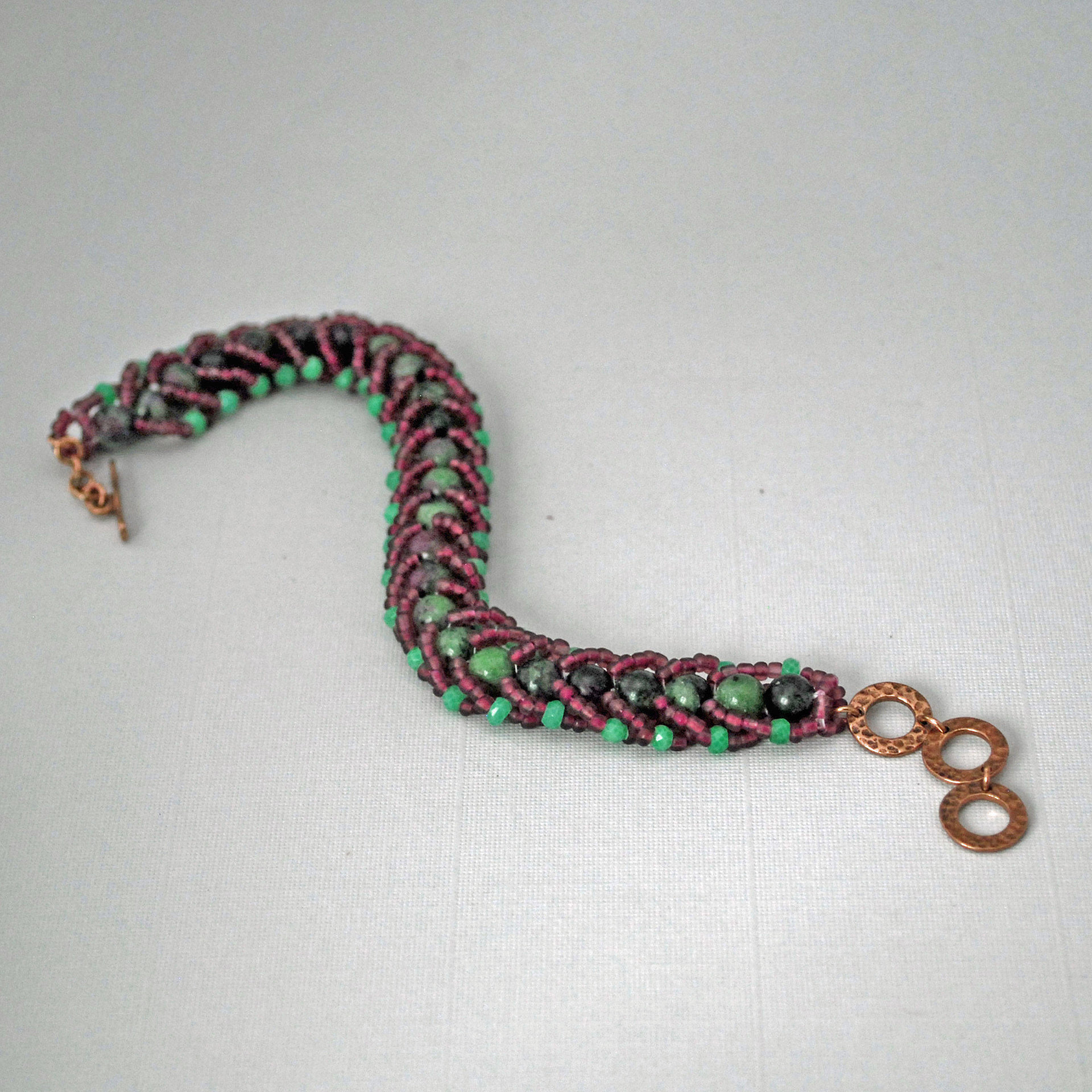 Ruby in Zoisite and Chrysoprase Beaded Bracelet with Czech Seed Beads  J-2239