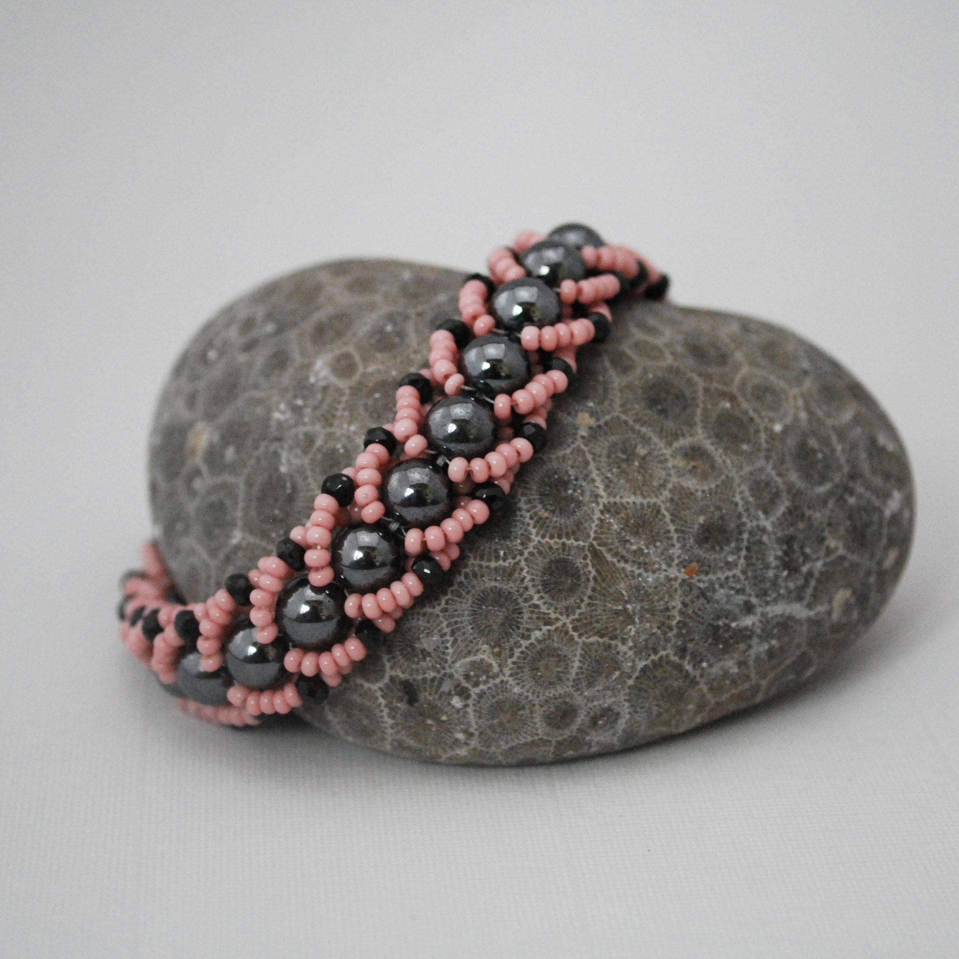 Hematite and Black Onyx Beaded Bracelet, Black and Pink