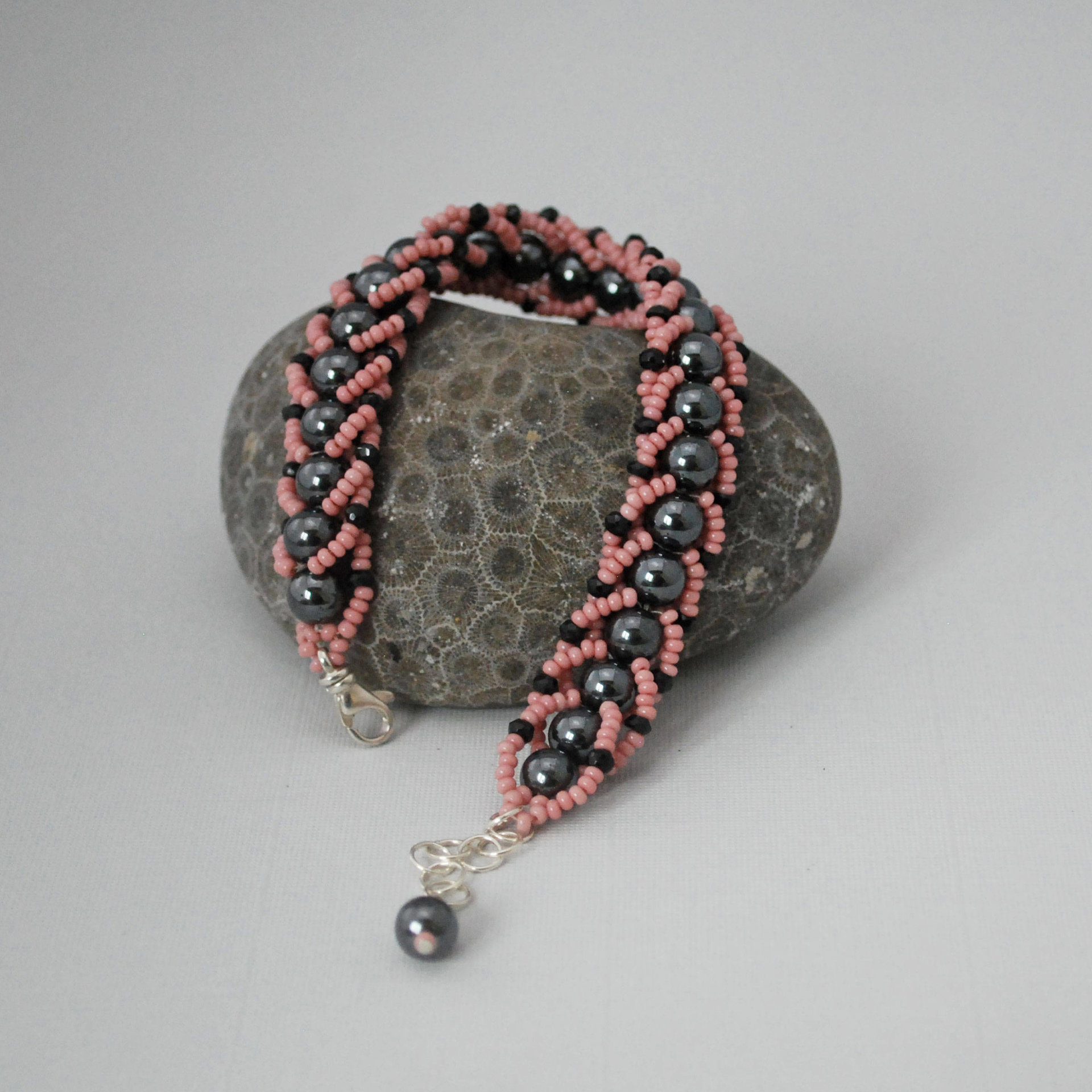 Hematite and Black Onyx Beaded Bracelet, Black and Pink