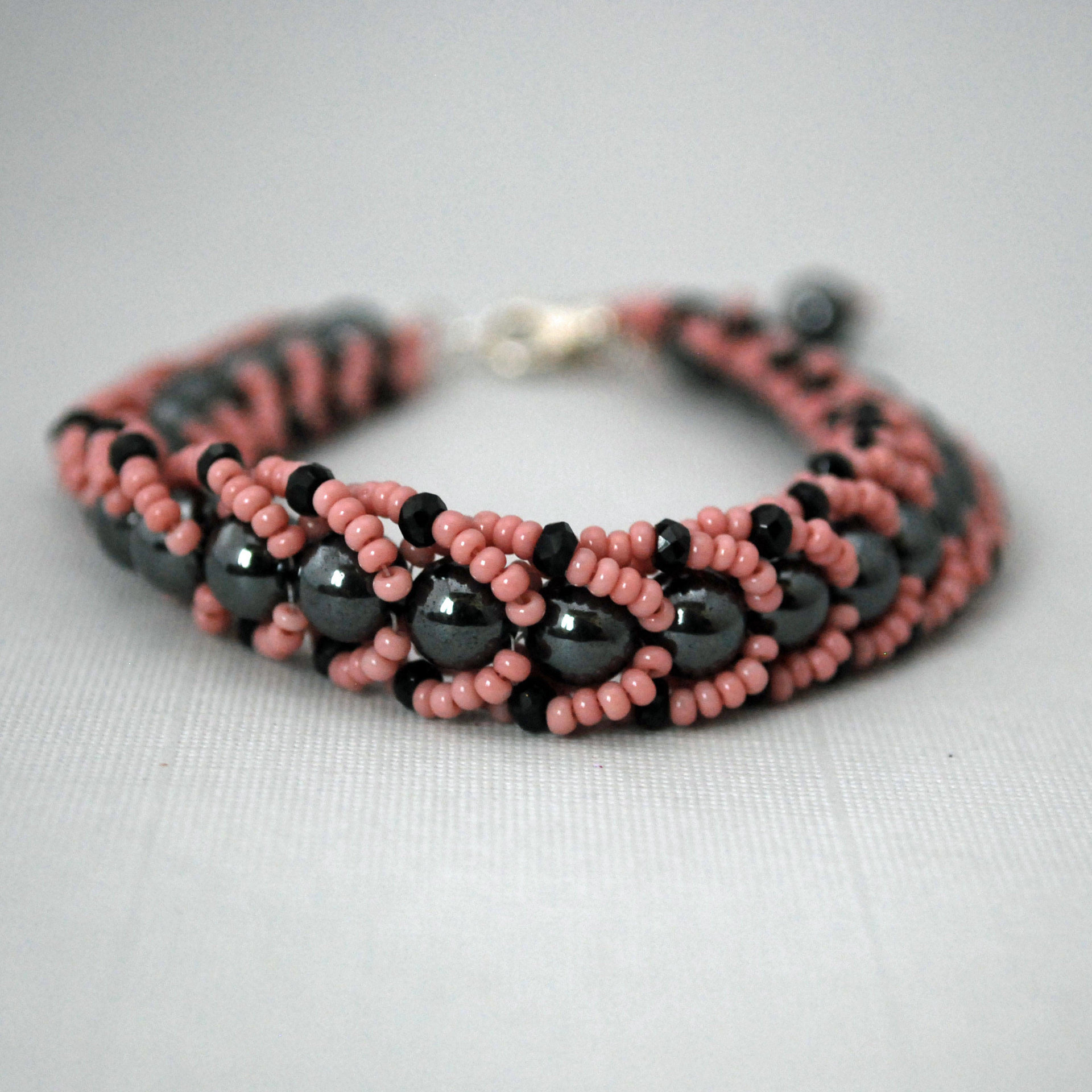 Hematite and Black Onyx Beaded Bracelet, Black and Pink