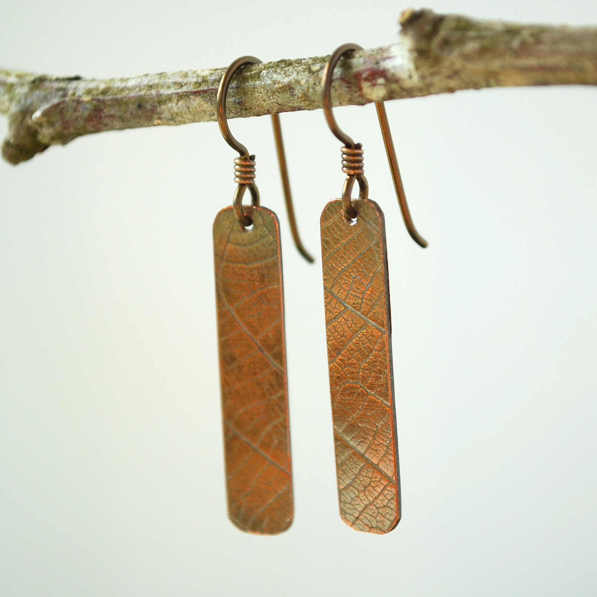 Copper Dangle Earrings, Leaf Impressed Texture