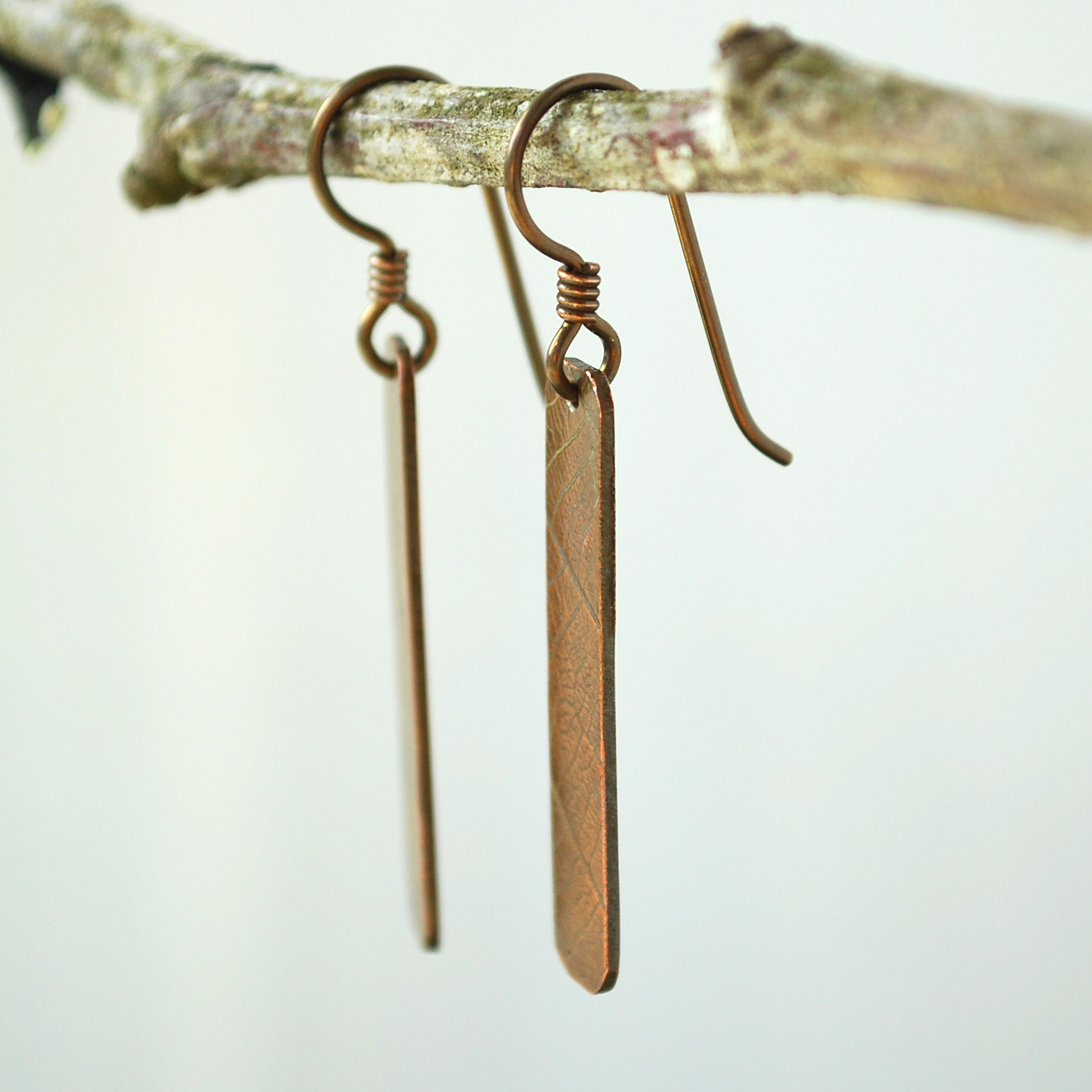 Copper Dangle Earrings, Leaf Impressed Texture