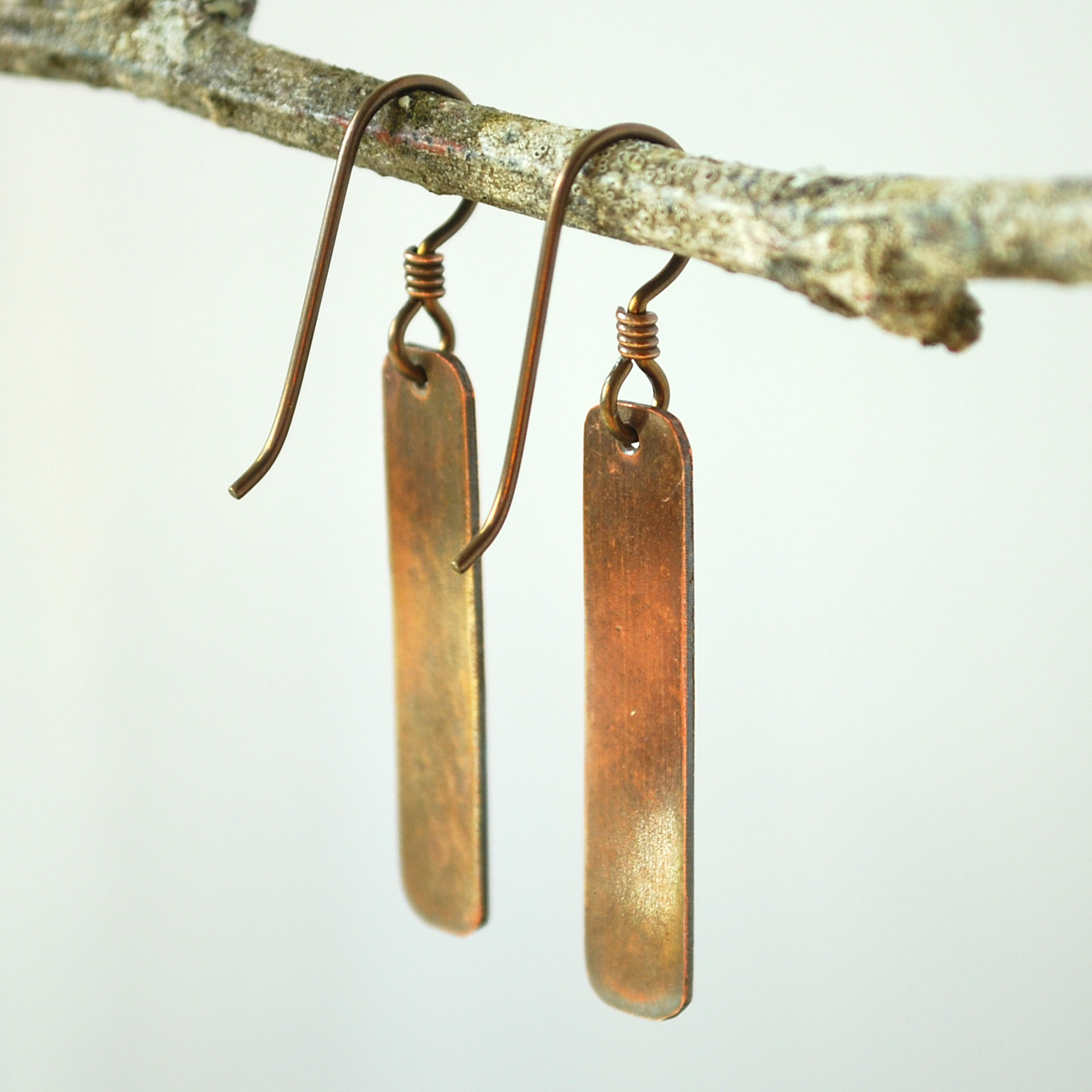 Copper Dangle Earrings, Leaf Impressed Texture