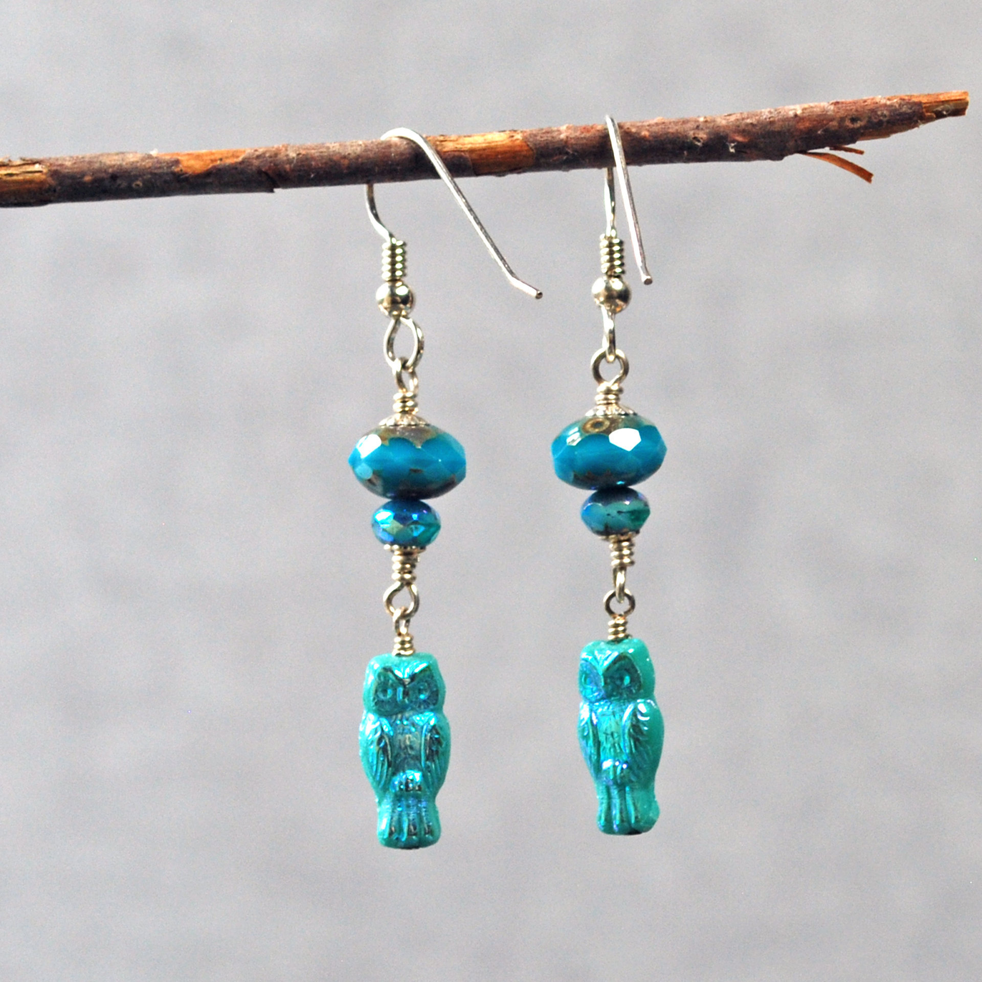 Czech Glass, Silver Owl Earrings