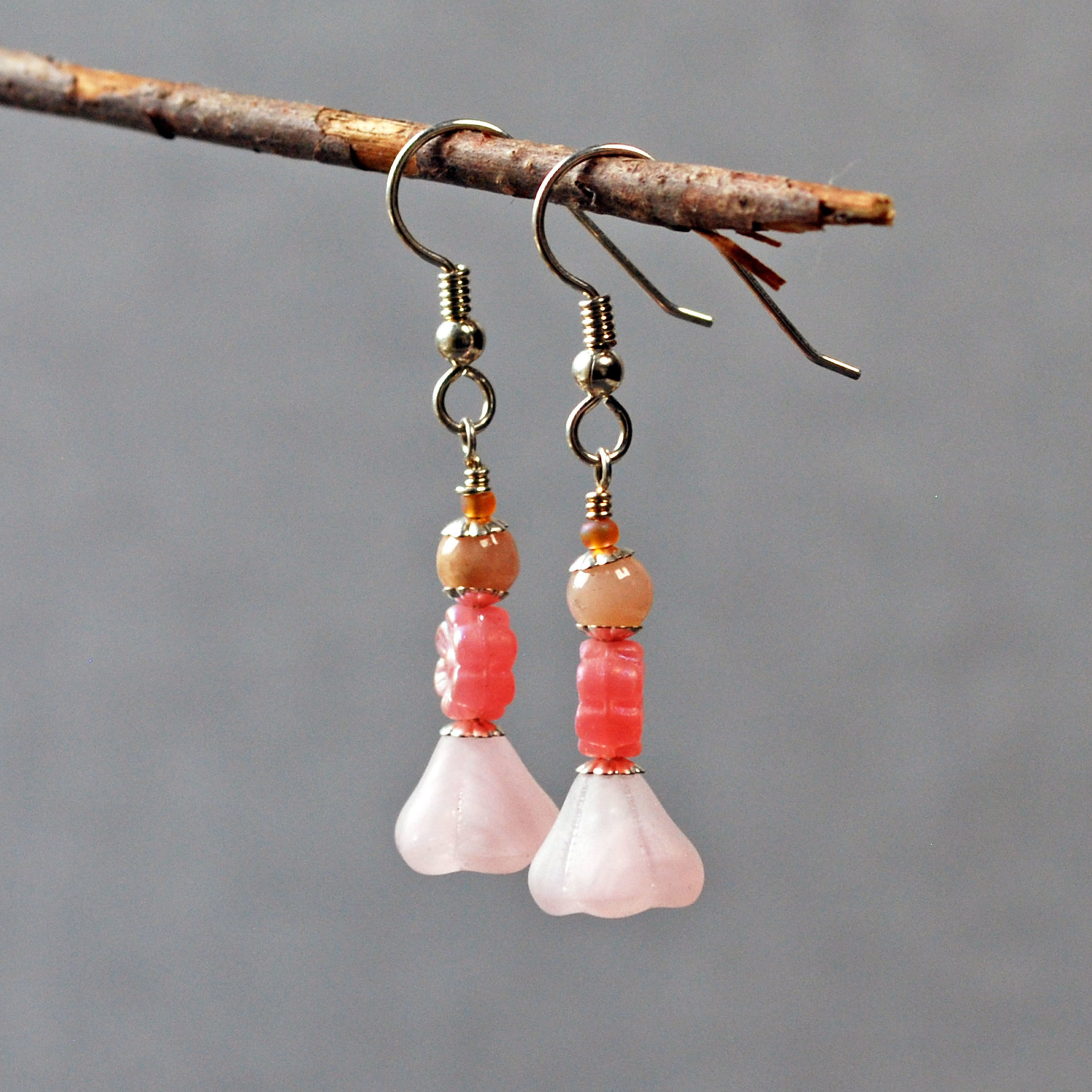 Pink Czech Glass Flower Earrings with Pink Opals