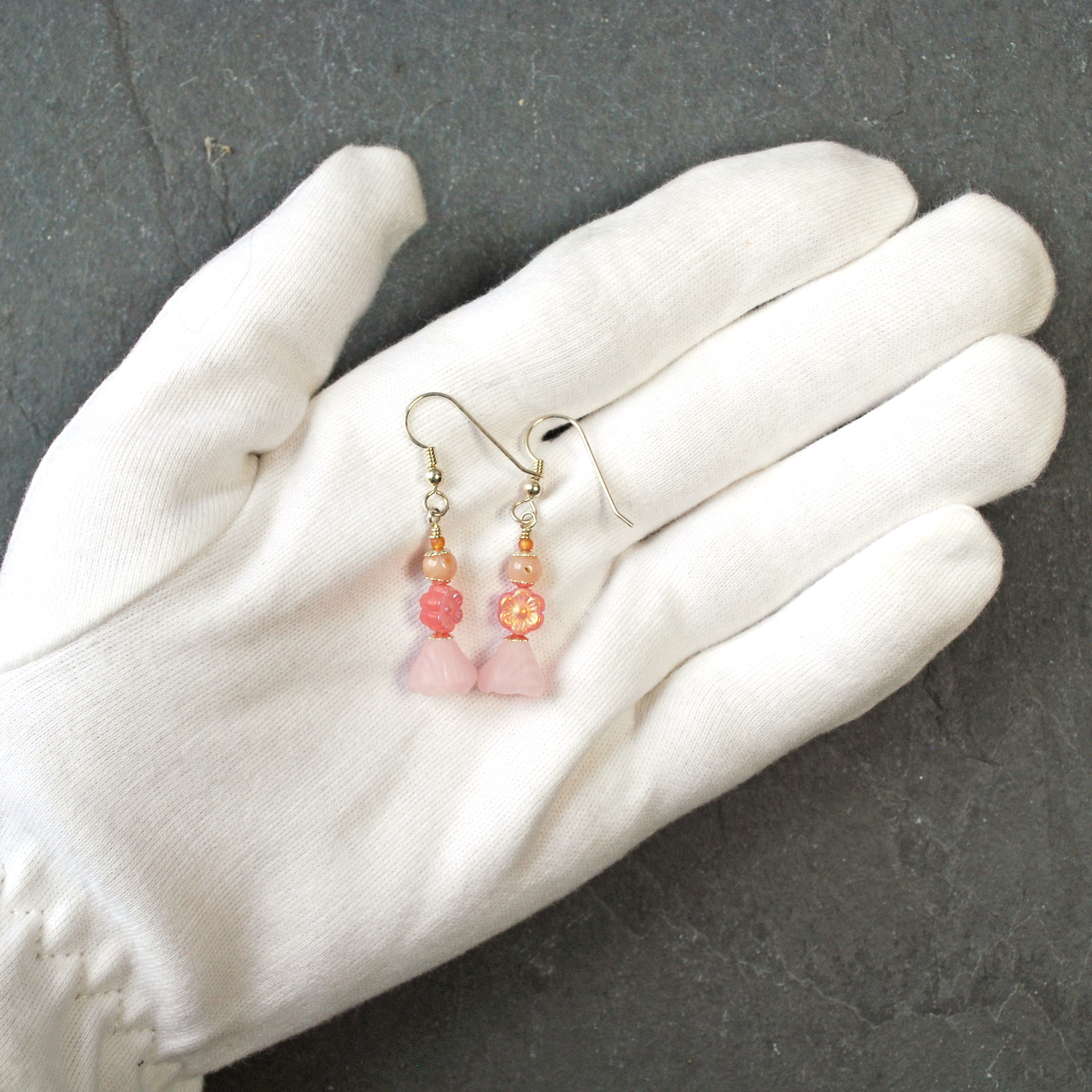 Pink Czech Glass Flower Earrings with Pink Opals
