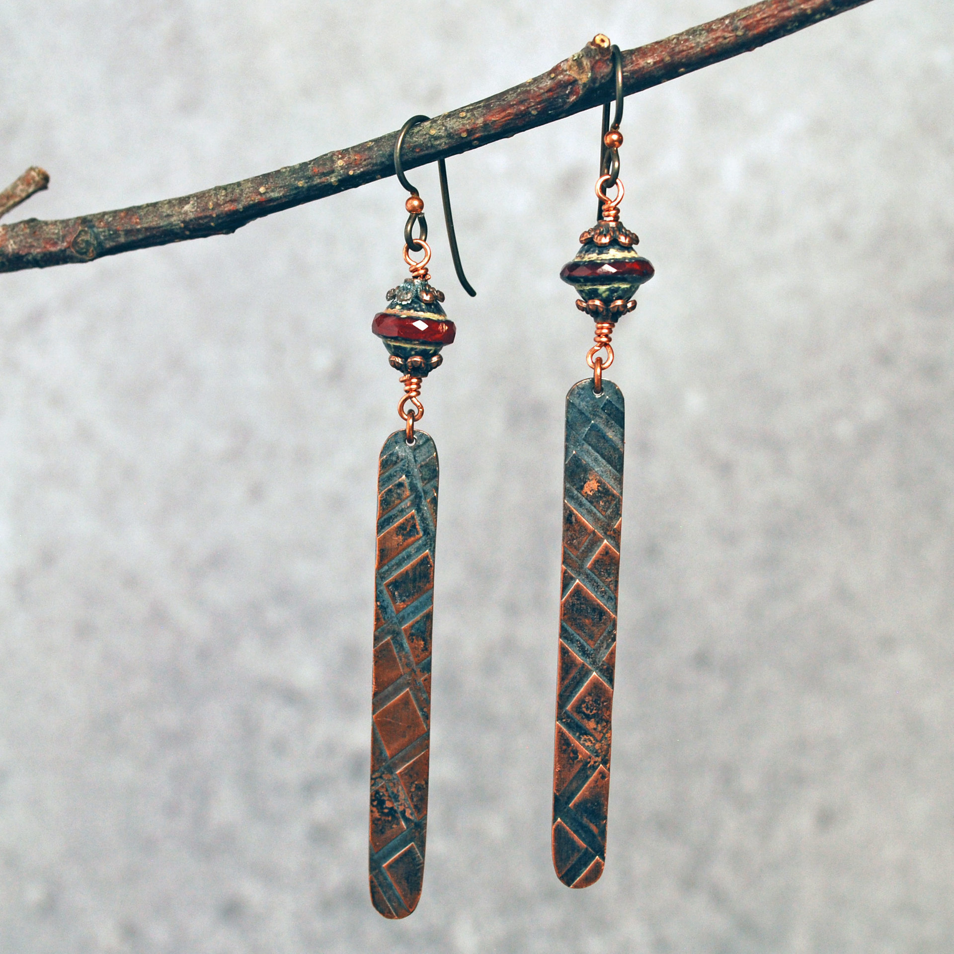 Long Copper Czech Glass Dangle Earrings