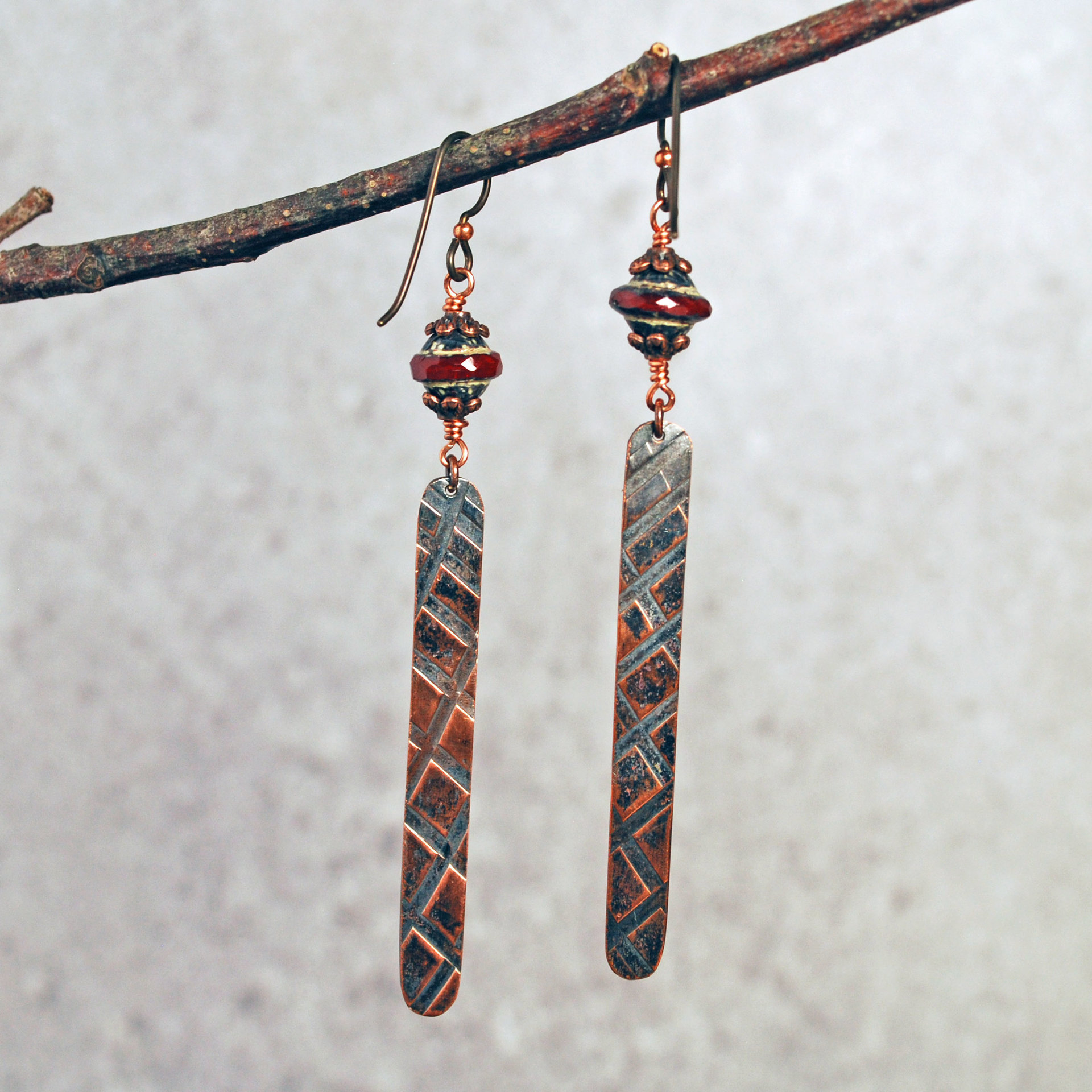 Long Copper Czech Glass Dangle Earrings