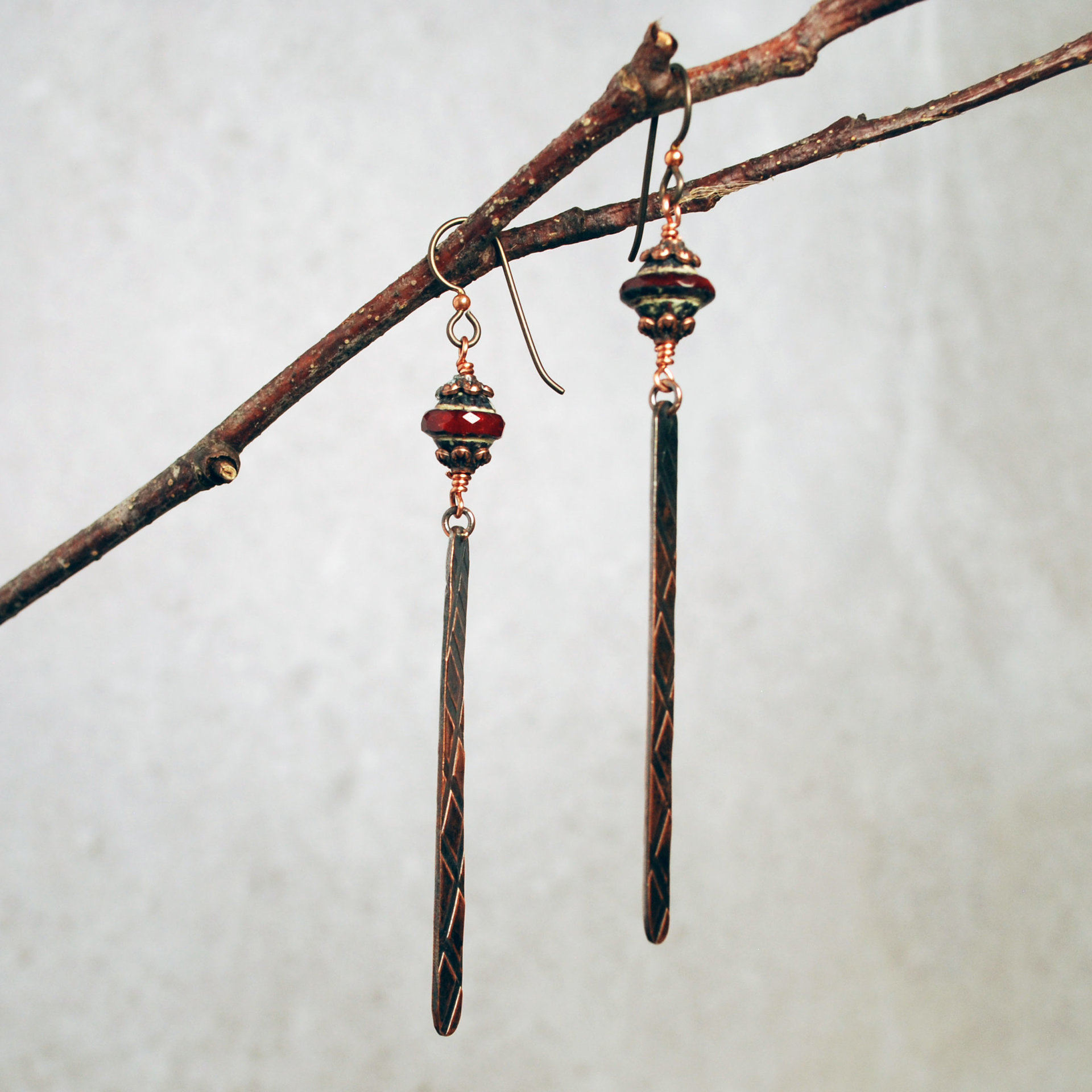 Long Copper Czech Glass Dangle Earrings