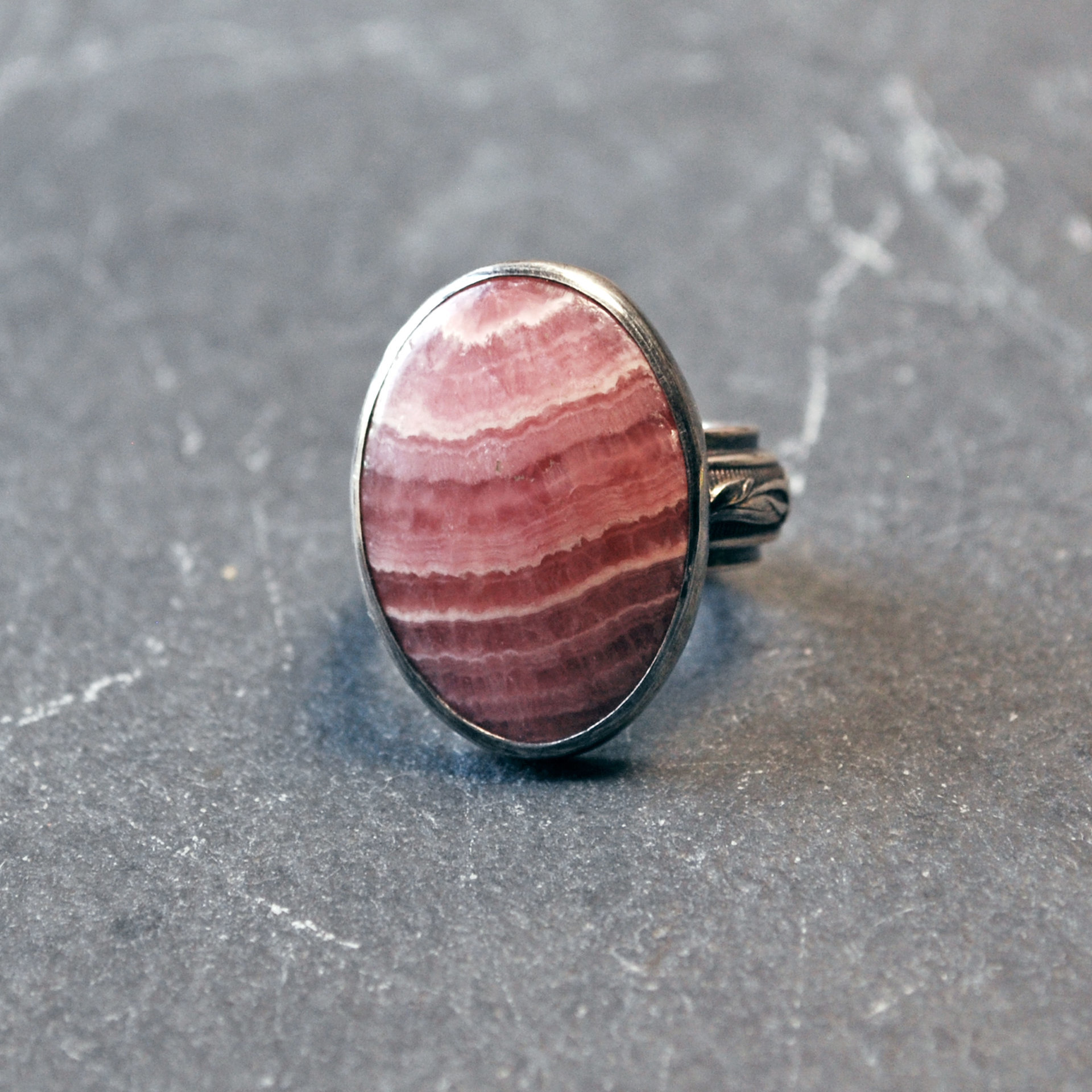 Rhodochrosite Silver Ring, Size 6.75