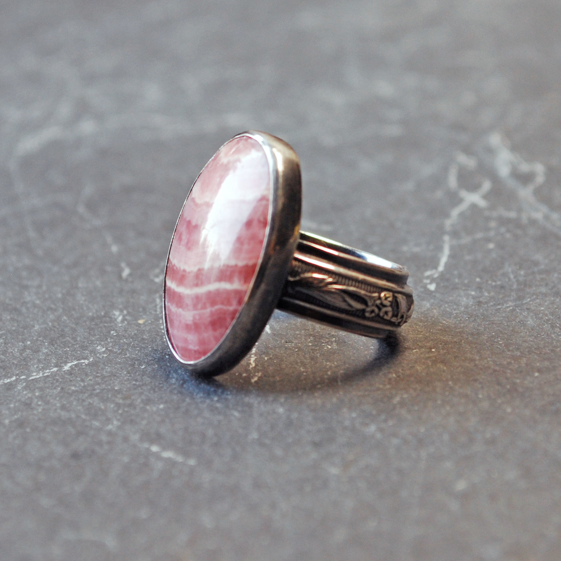 Rhodochrosite Silver Ring, Size 6.75
