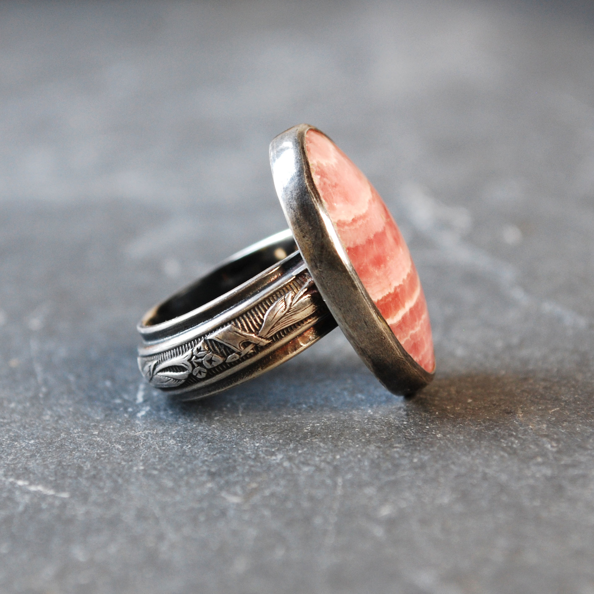 Rhodochrosite Silver Ring, Size 6.75