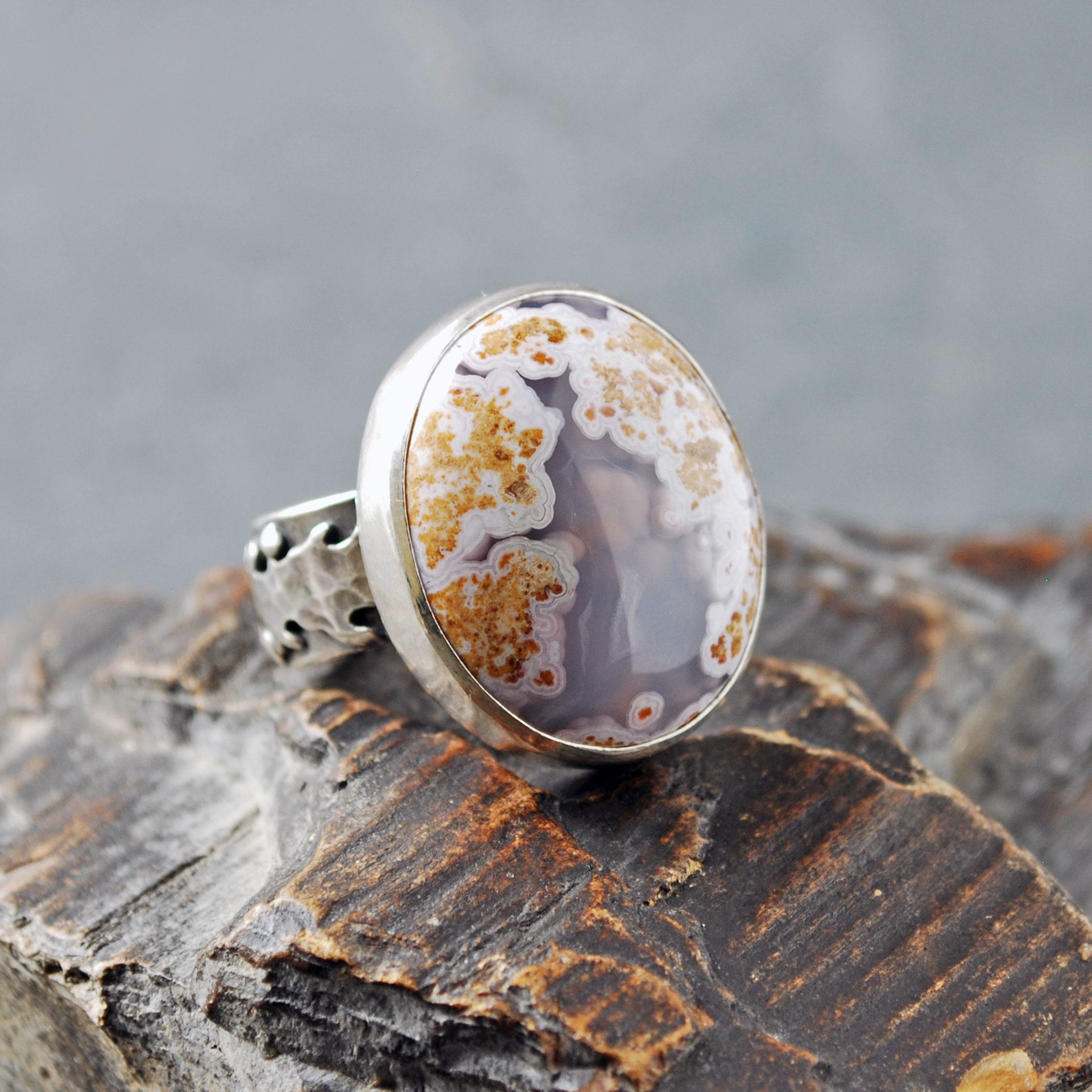 Calico Lace Agate Silver Ring Size 8.75