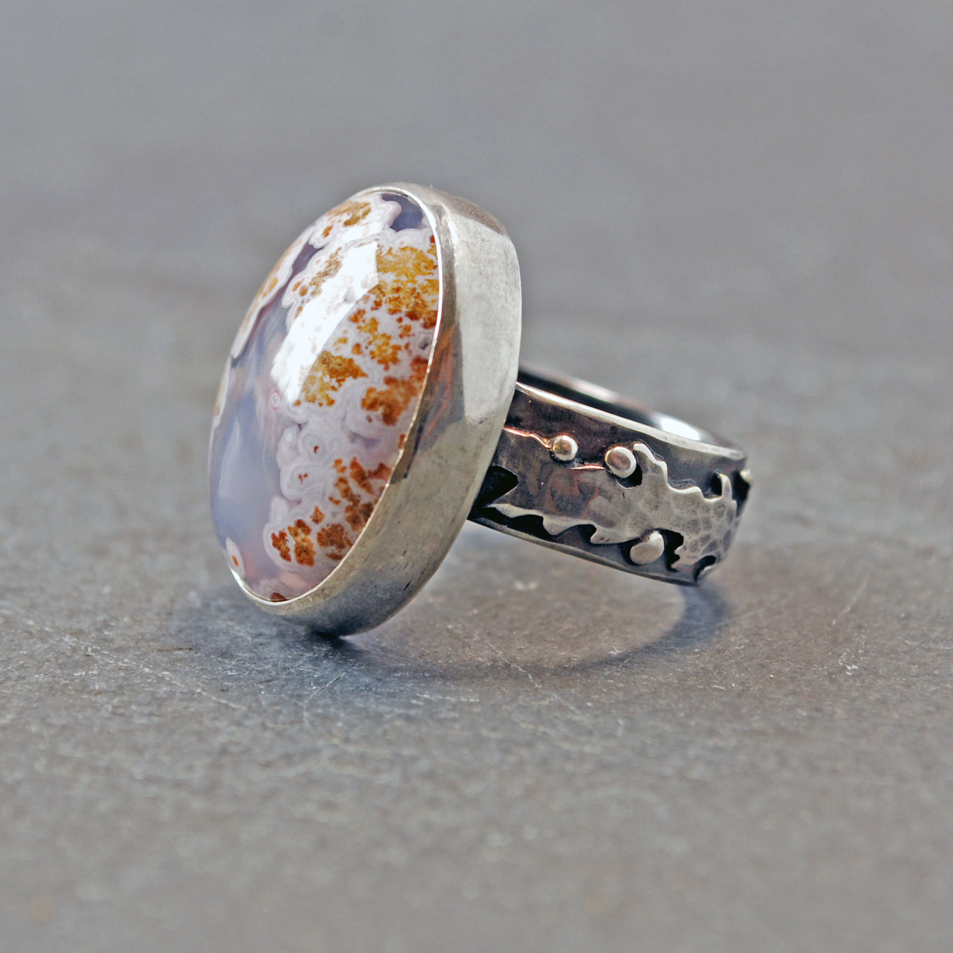 Calico Lace Agate Silver Ring Size 8.75