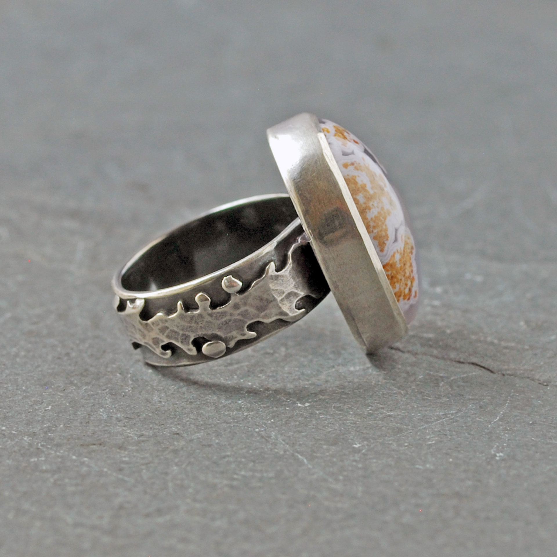 Calico Lace Agate Silver Ring Size 8.75