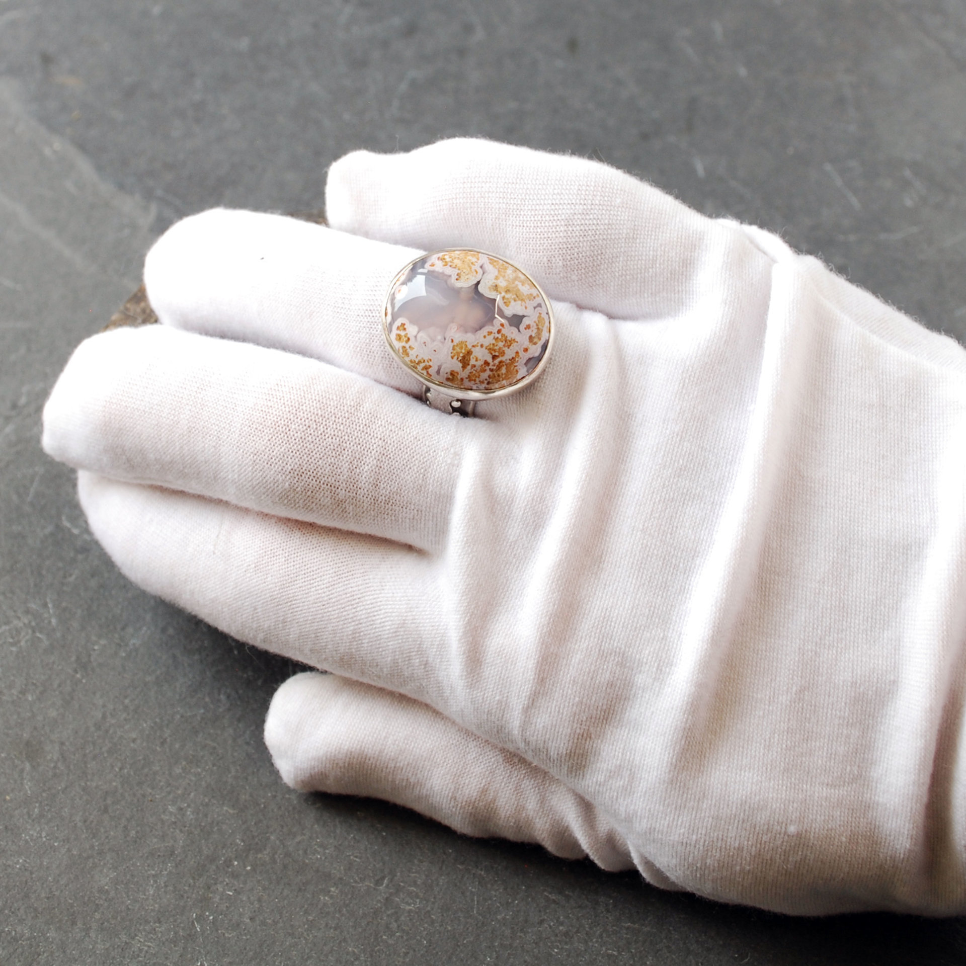 Calico Lace Agate Silver Ring Size 8.75