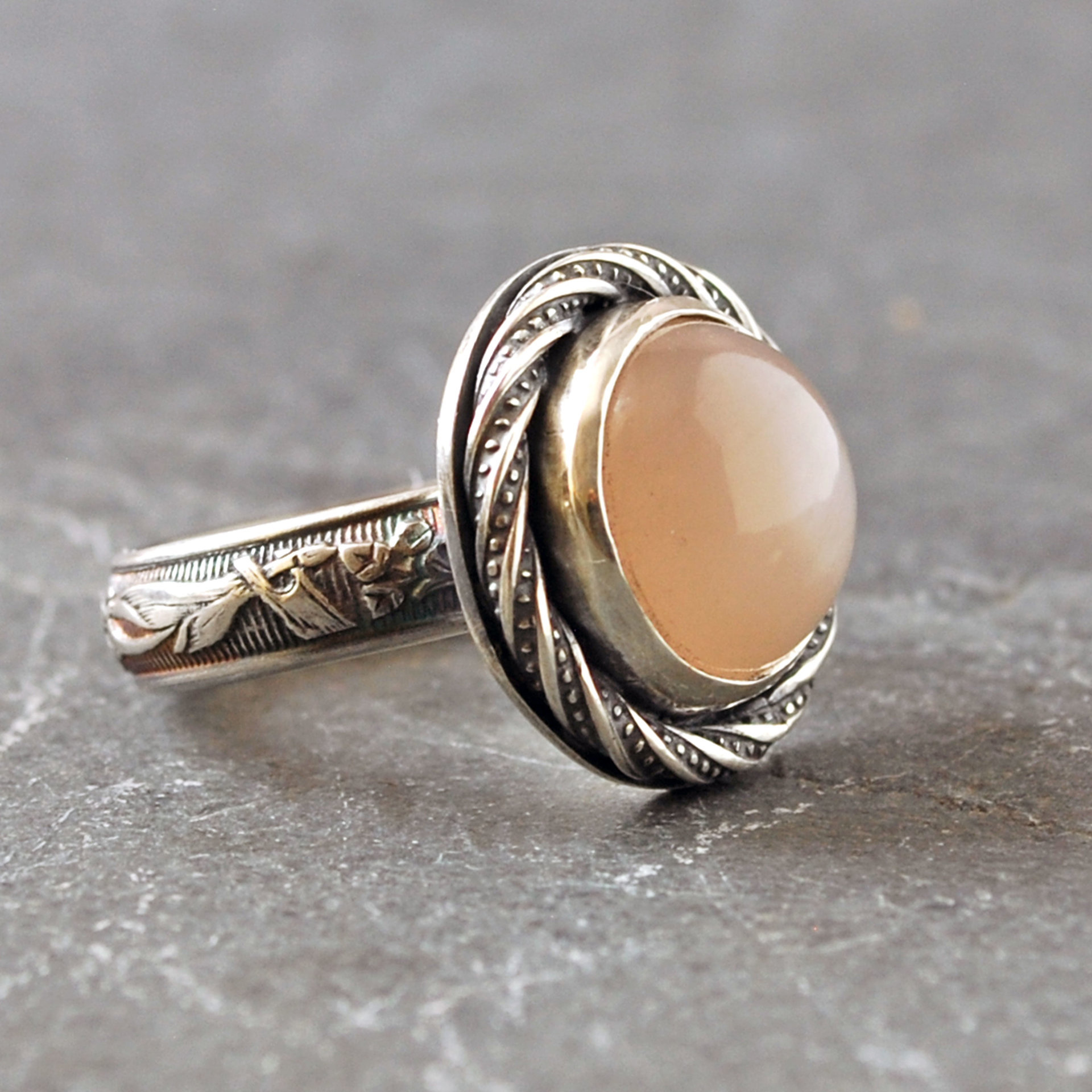 Peach Pink Moonstone silver ring side view