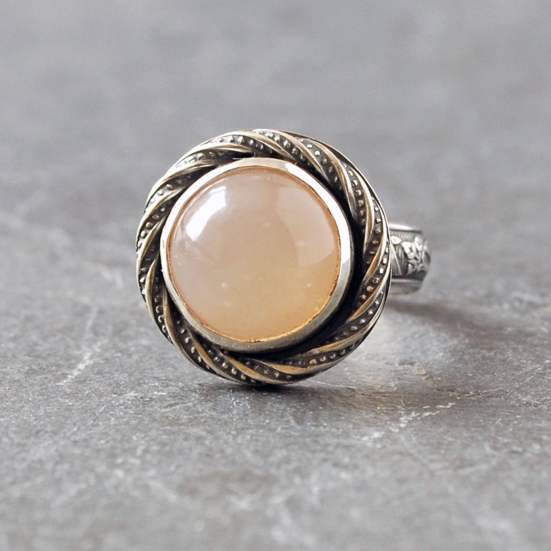 Peach Pink Moonstone silver ring top or front view