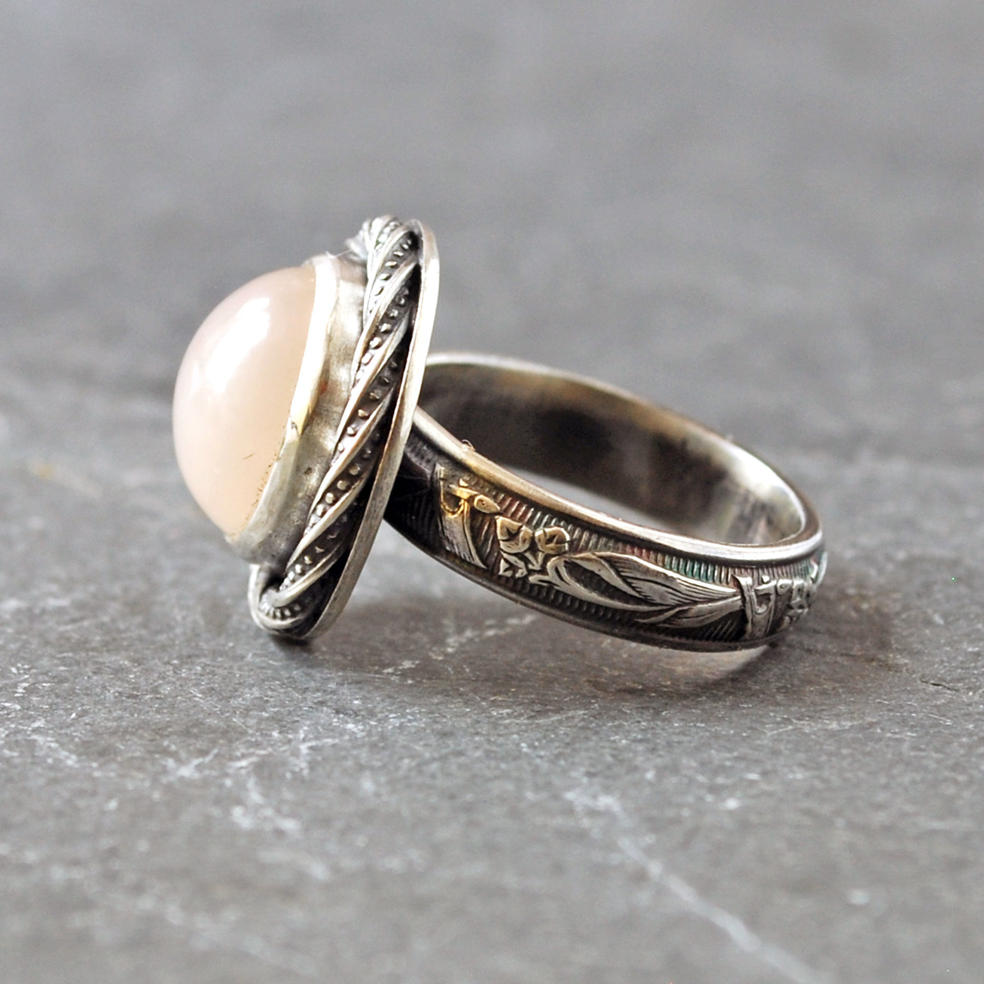 Peach Pink Moonstone silver ring side view