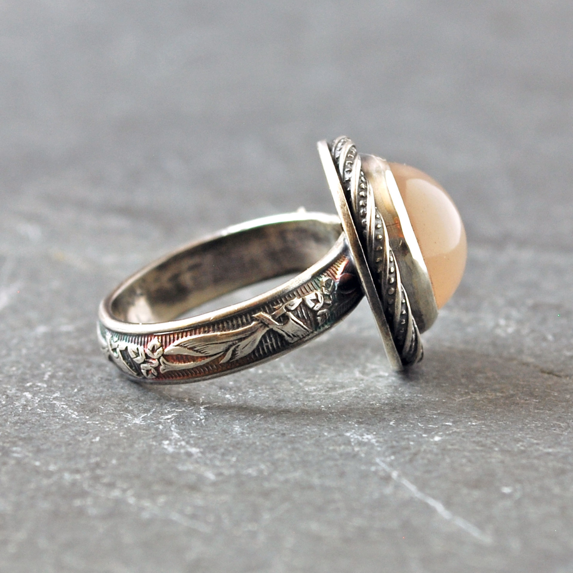 Peach Pink Moonstone silver ring side view