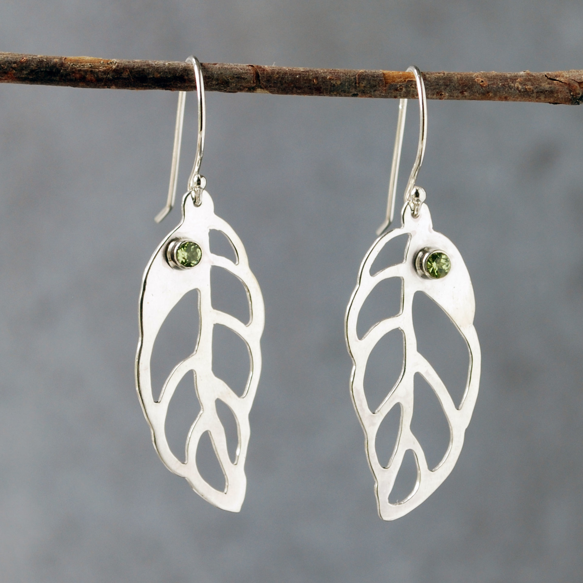 Silver Leaf Earrings with Peridot hanging front